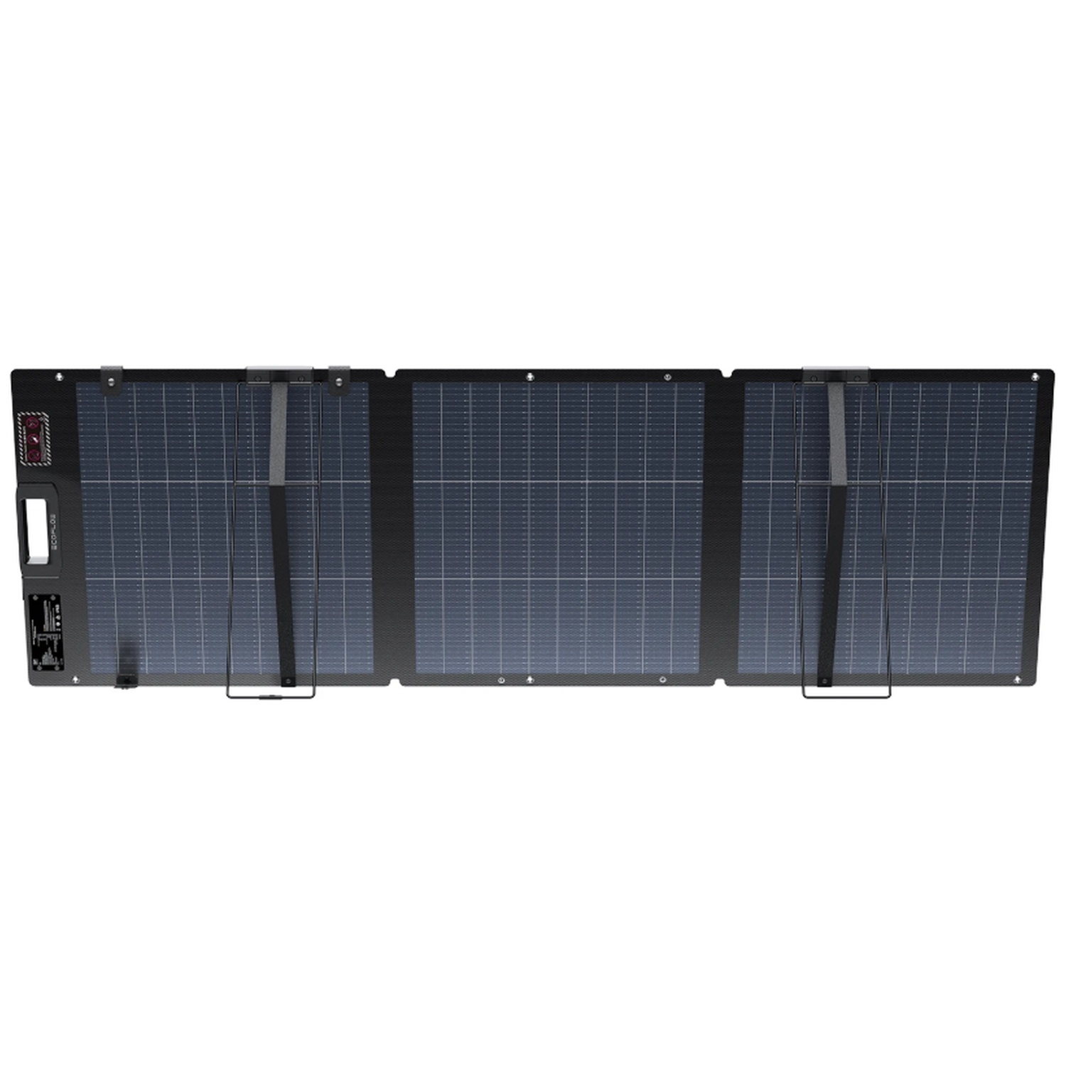 A foldable solar panel with a black frame and blue solar cells.