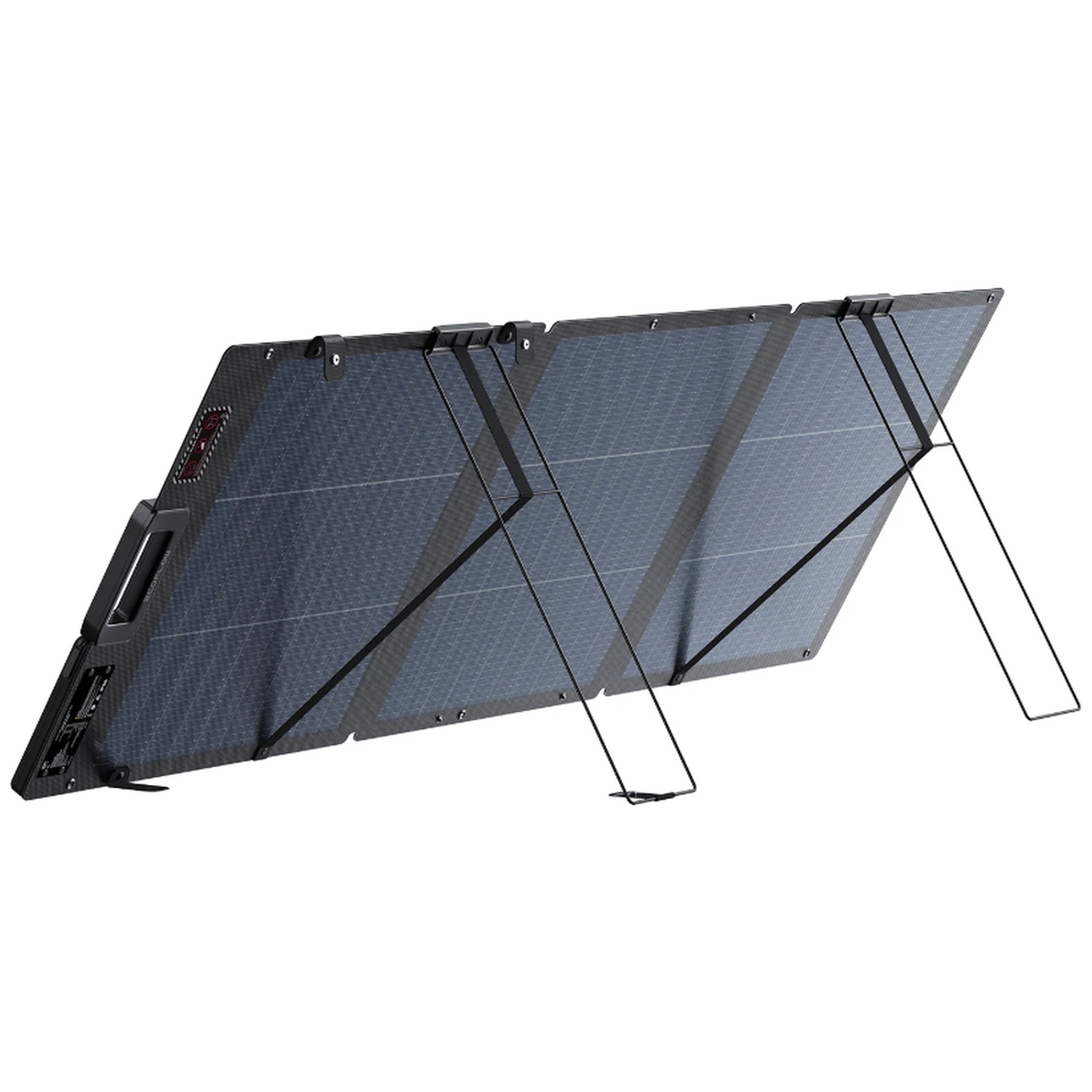 A deployed, foldable solar panel with dark panels and a black frame.