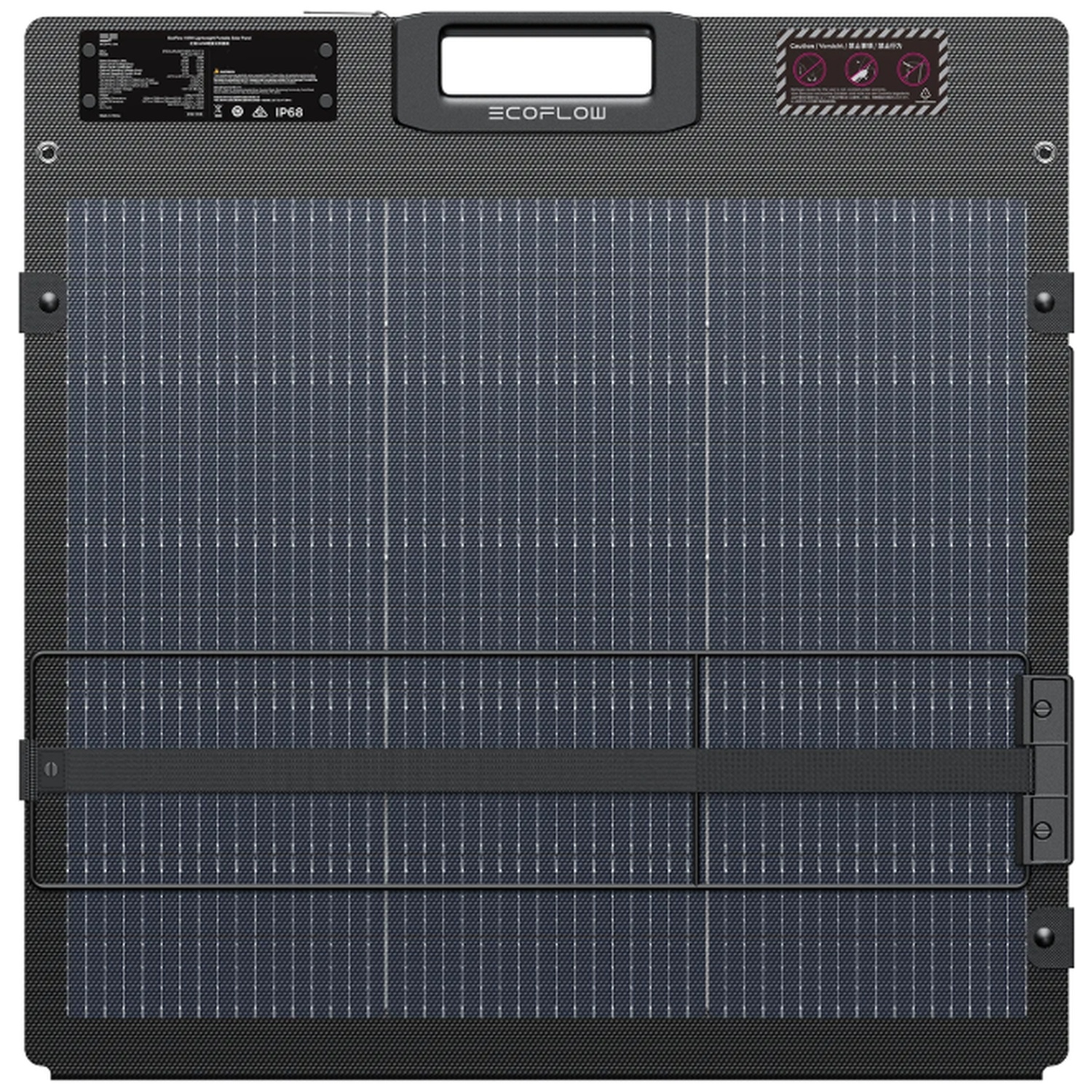 A foldable solar panel with a black frame and a carrying handle.