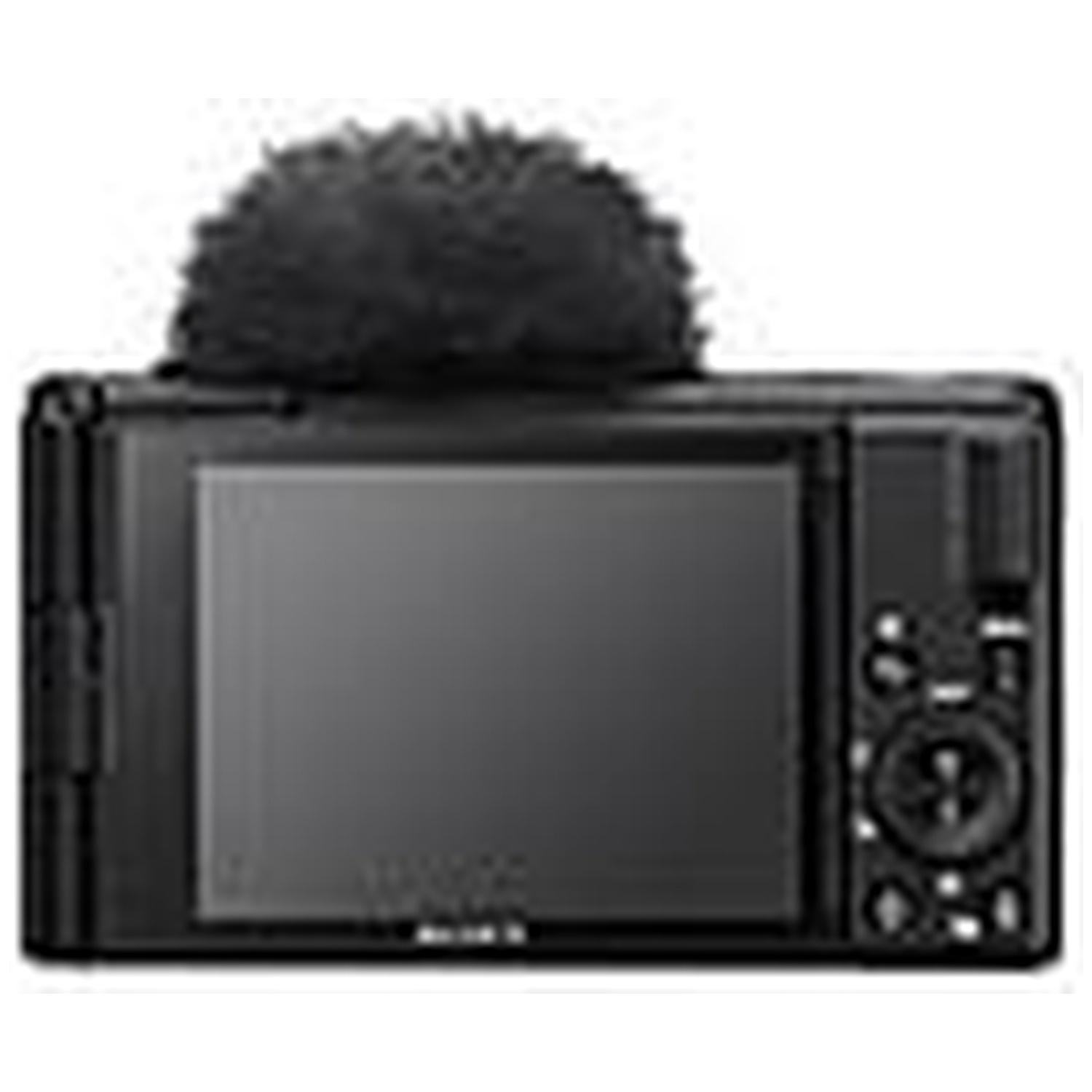 Vue arrière d'un appareil photo noir avec microphone et écran LCD.