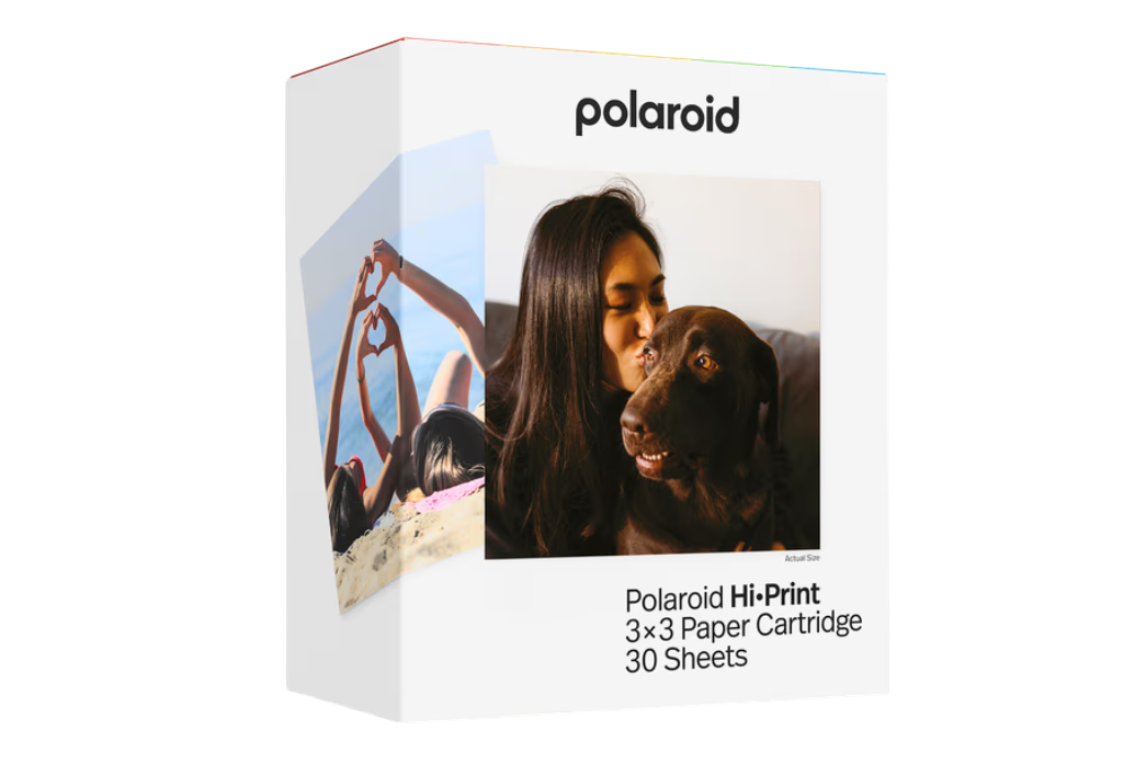 Polaroid Hi-Print Box mit Bildern von Menschen und einem Hund.