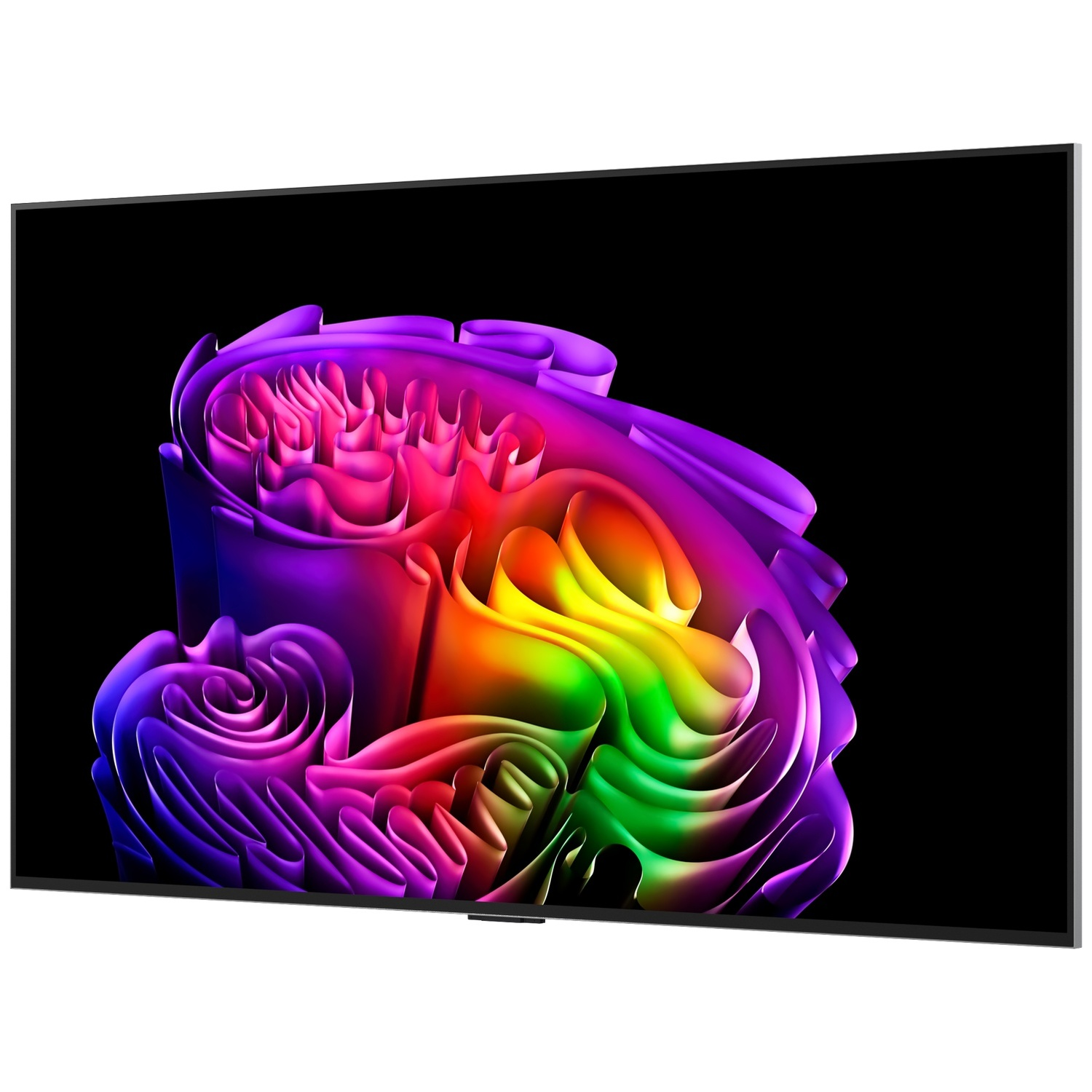 Een moderne televisie met een kleurrijk abstract patroon op het scherm.