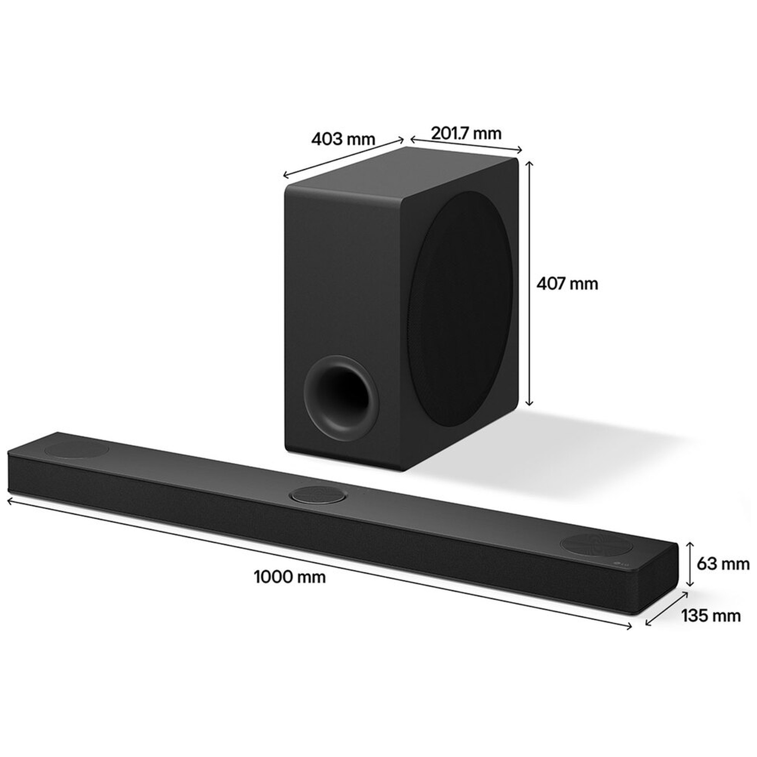 Barre de son noire (1000x63x135mm) et caisson de basses (403x407x201.7mm).