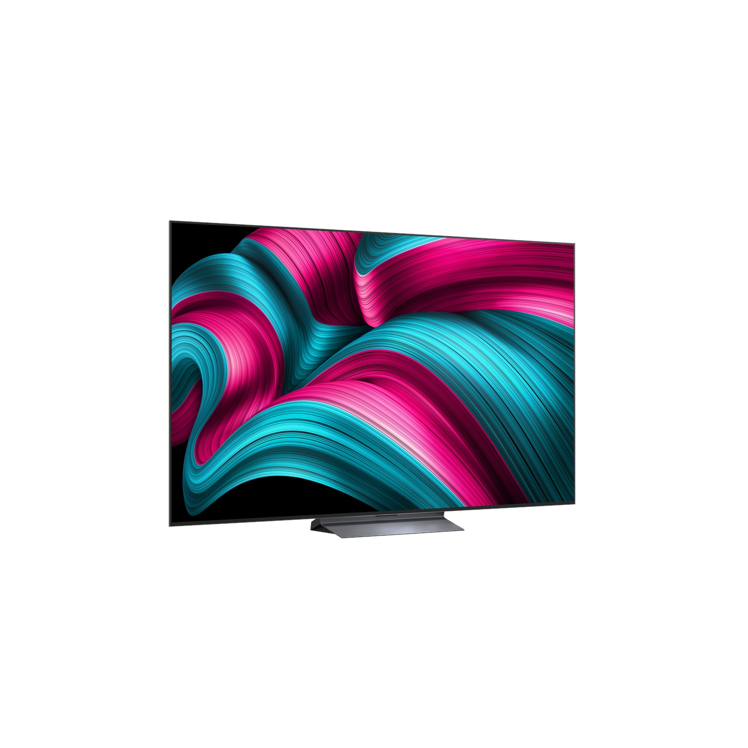 Téléviseur moderne affichant un motif abstrait et ondulé rose et turquoise.