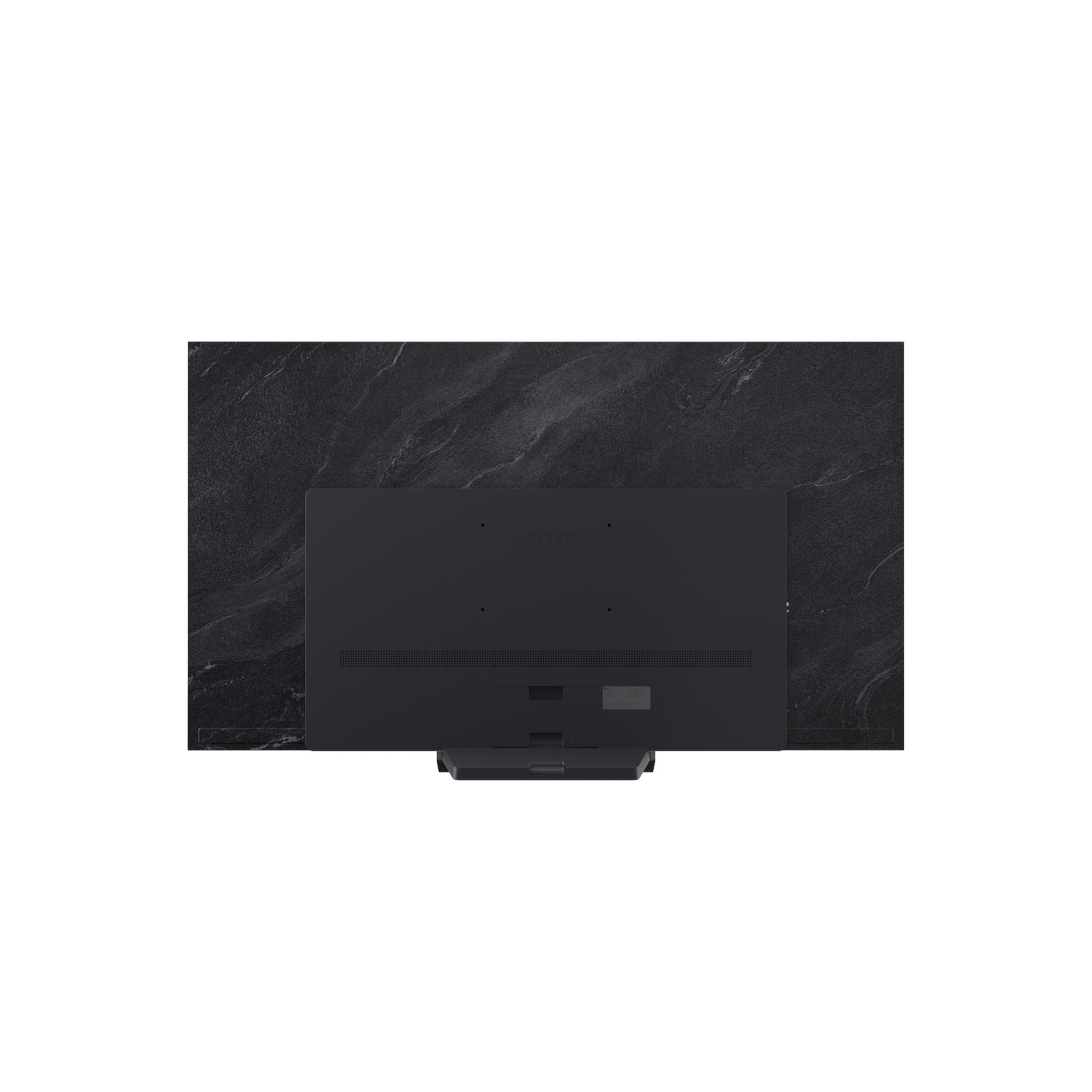 Vue de dessus d'un téléviseur LG OLED noir avec un pied gris texturé et des côtés marbrés.