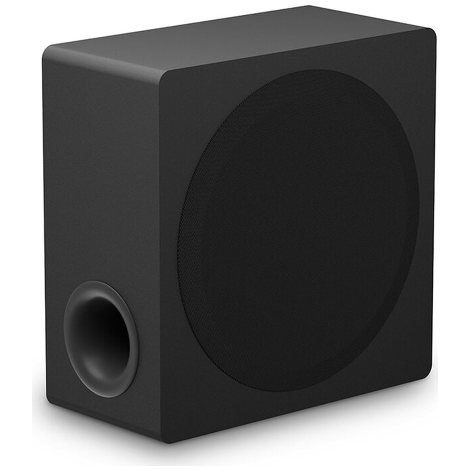 Caisson de basses noir avec un évent bass reflex rond et une grille d'enceinte.