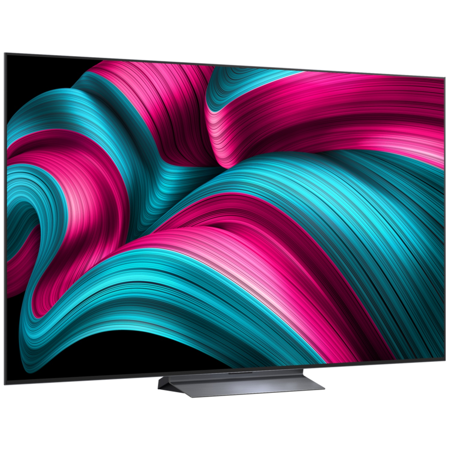 Un téléviseur moderne affichant un motif abstrait et vibrant de vagues roses et turquoise.