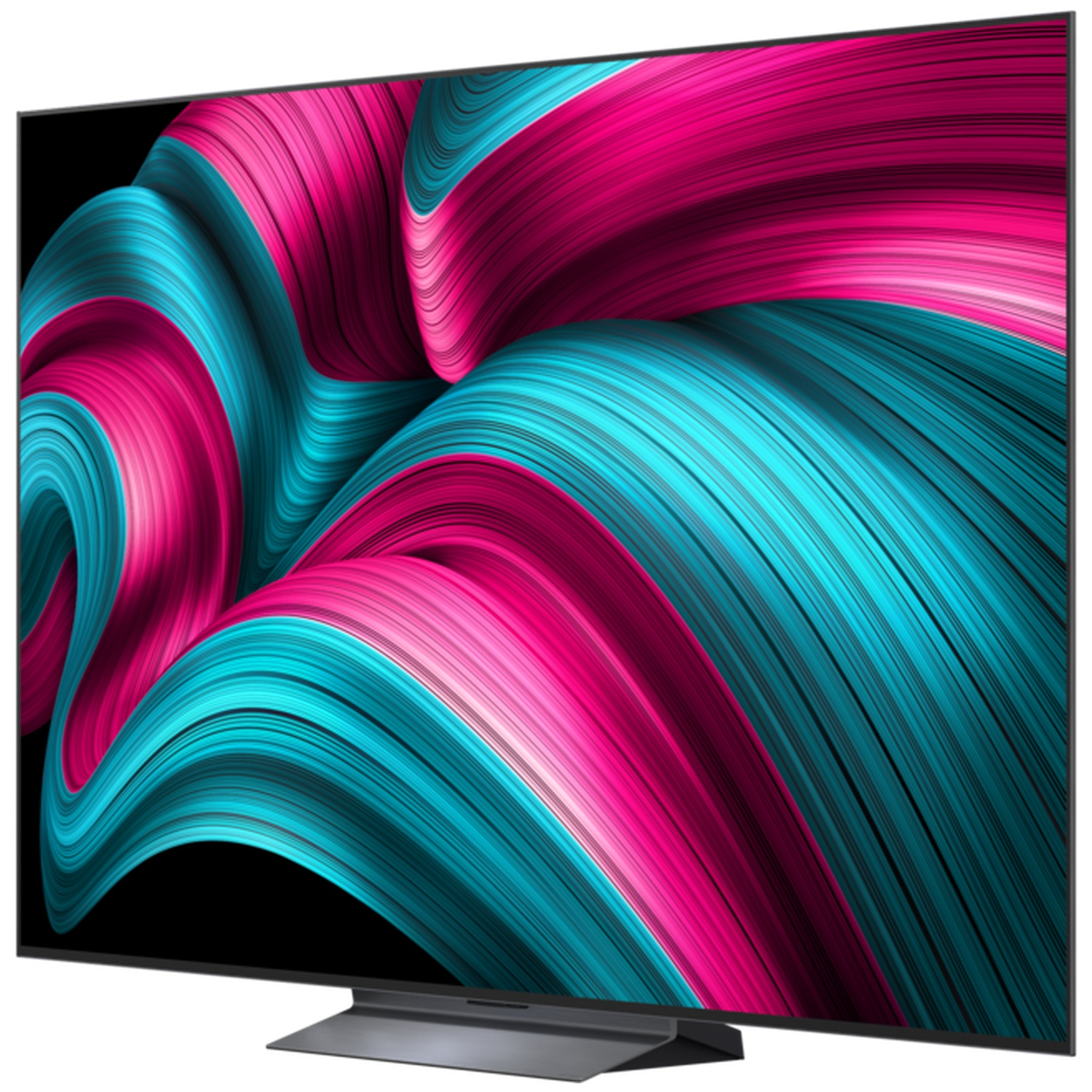 Un téléviseur moderne affichant un motif abstrait et tourbillonnant de couleurs rose et turquoise.