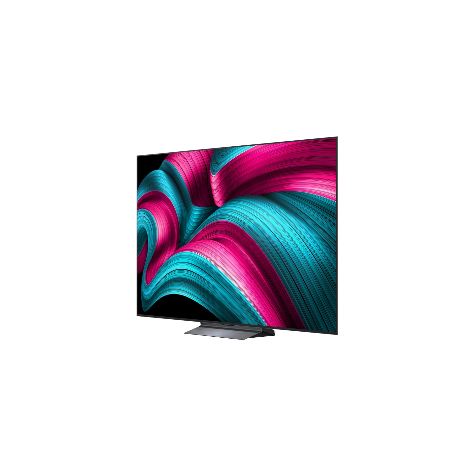 Une télévision moderne avec un pied épuré affiche une image abstraite vibrante d'ondulations roses et turquoise.