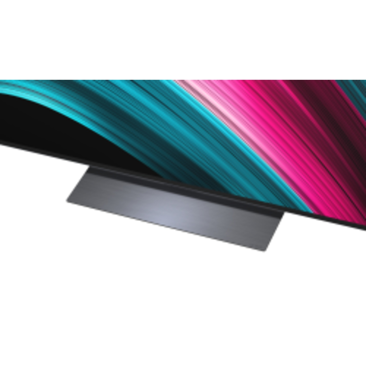 Un écran de télévision moderne affiche des lignes abstraites roses et turquoise avec un pied métallique.