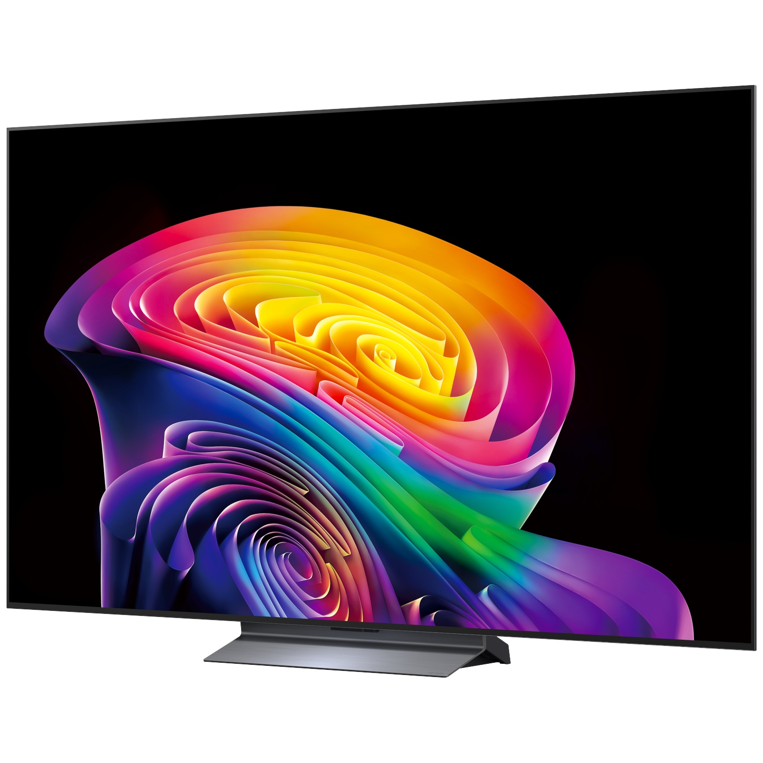 Een moderne televisie met een levendig, kleurrijk wervelend patroon op het scherm.