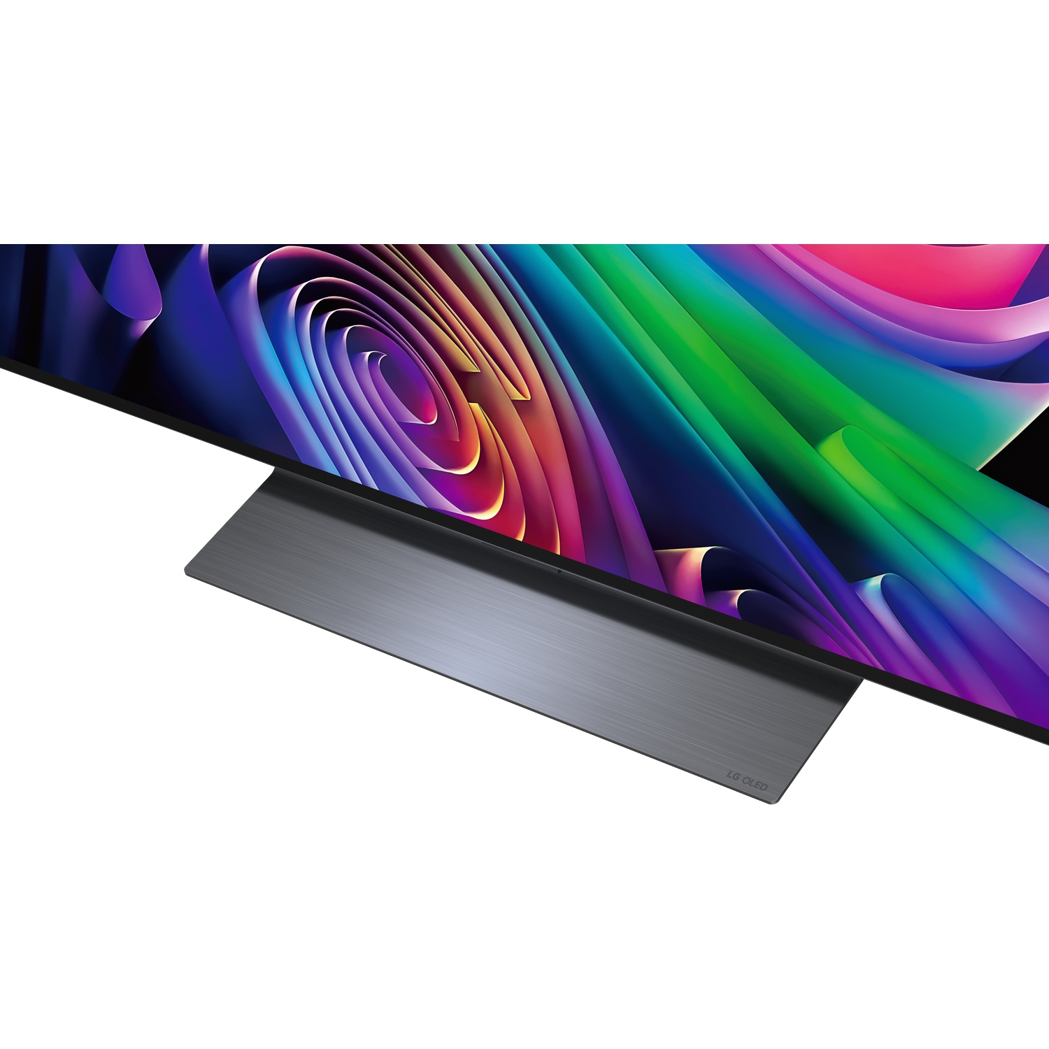 Een moderne OLED TV met een kleurrijke abstracte achtergrond en een metalen standaard.