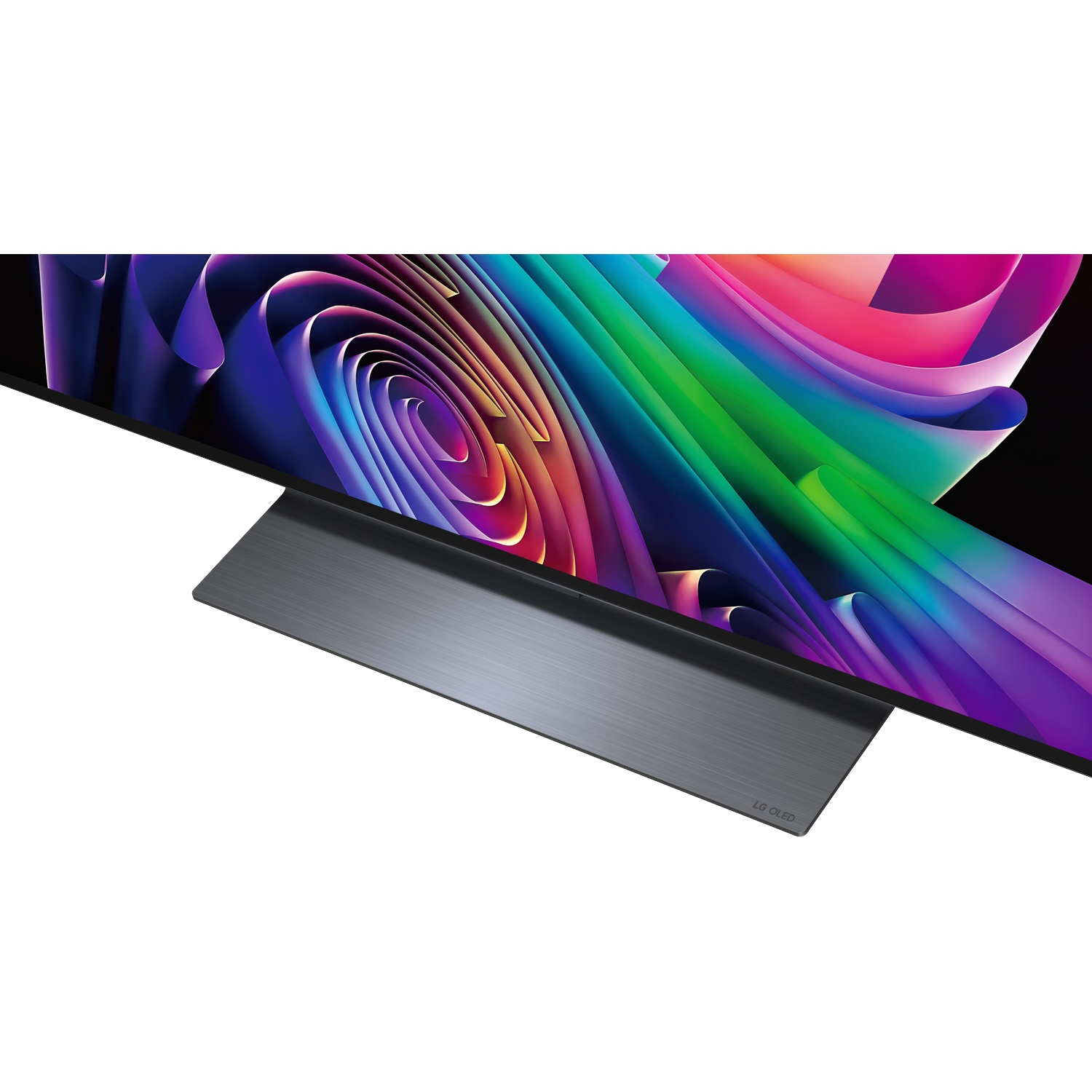 Une télévision moderne affichant un fond abstrait coloré sur un pied sombre.