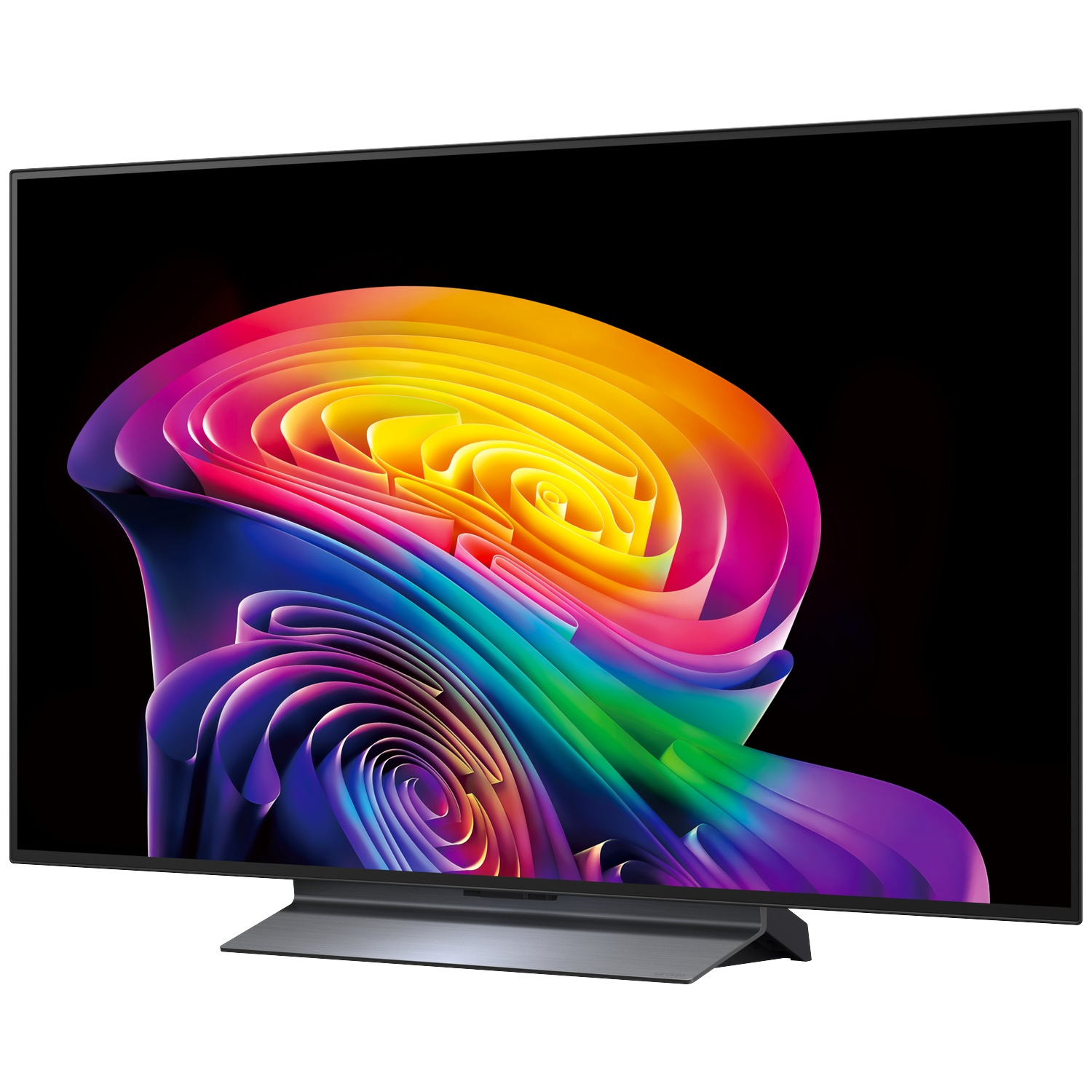 Une TV moderne affiche un motif abstrait tourbillonnant et coloré sur fond noir.