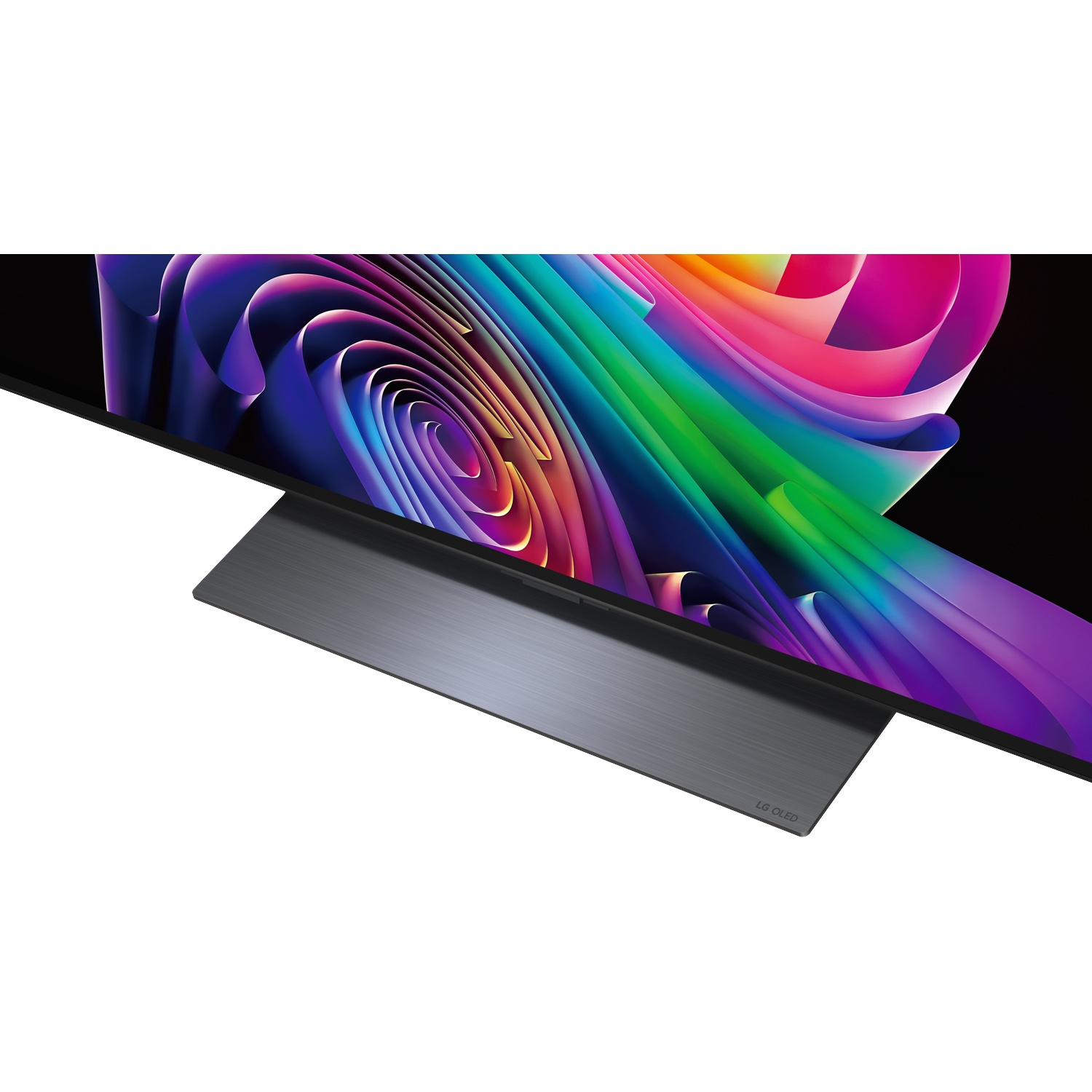 Un téléviseur LG OLED moderne affiche un fond abstrait coloré avec un pied sombre.