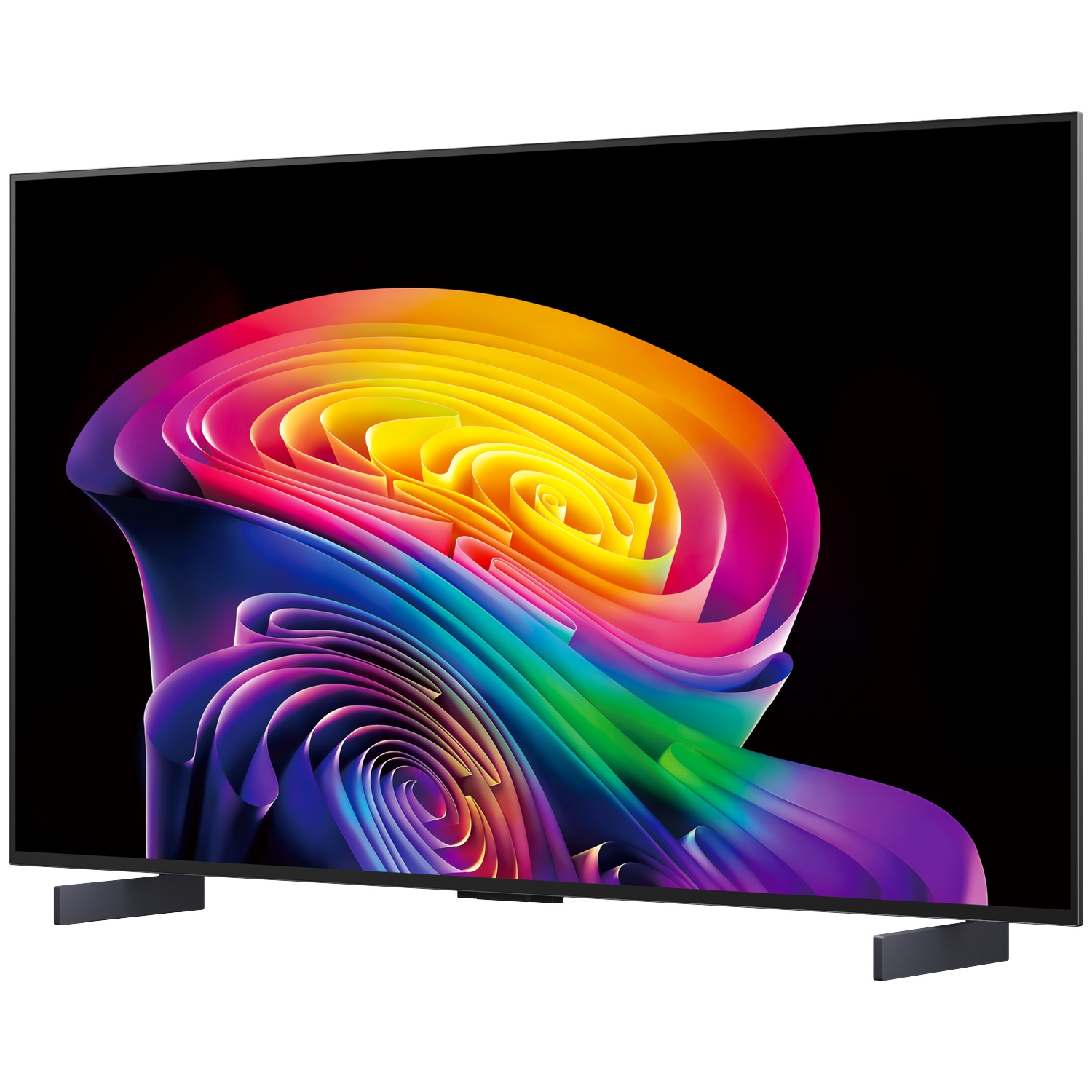 Un téléviseur moderne affichant un tourbillon abstrait et coloré sur son écran.