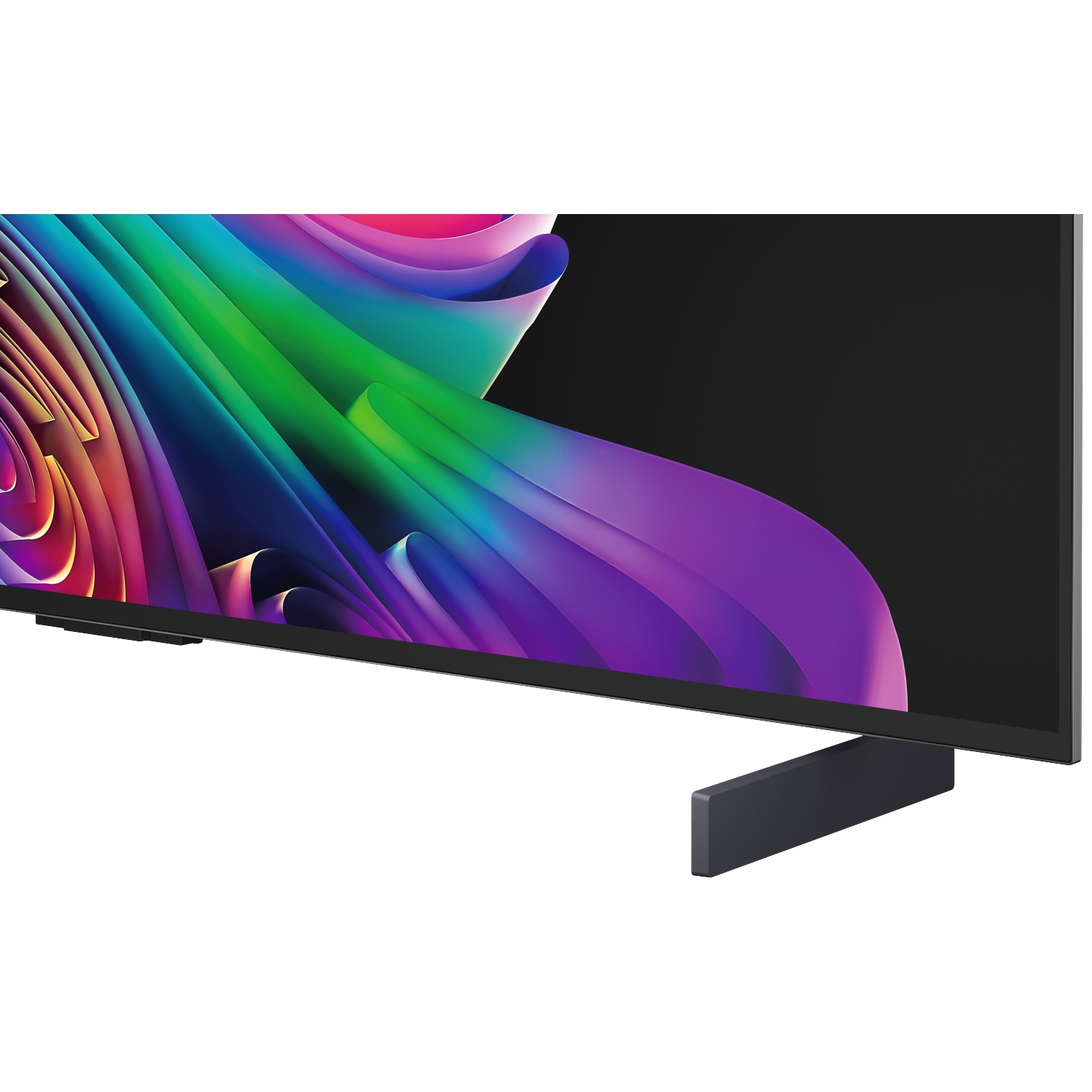 Une télévision moderne affiche un fond abstrait et coloré sur son écran.