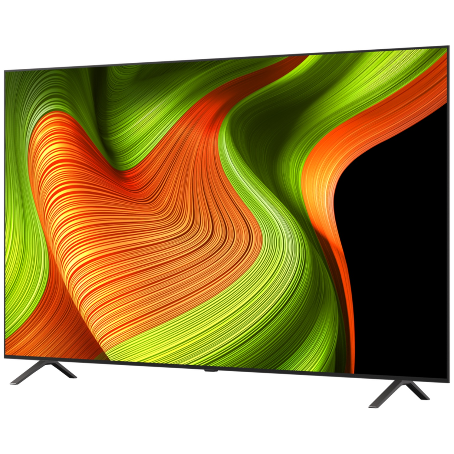 Un téléviseur moderne affichant un motif abstrait et coloré en forme de vague.