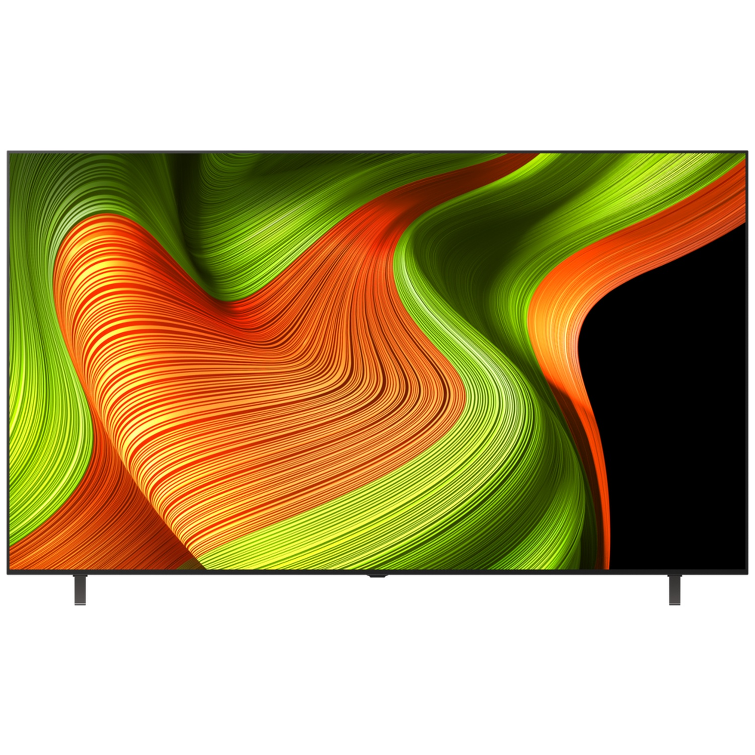 Un téléviseur moderne affichant un fond d'écran abstrait et coloré aux tourbillons verts et orange.