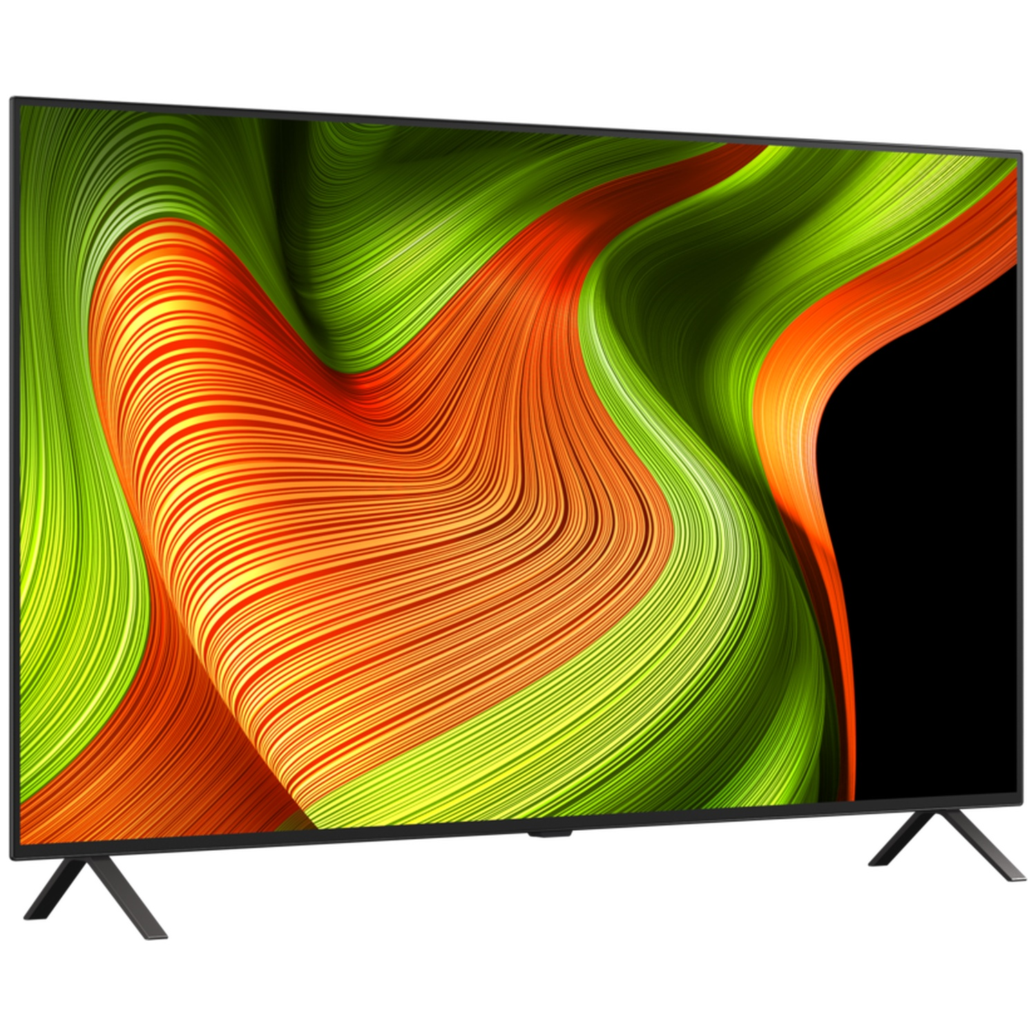 Un téléviseur moderne à écran plat affiche une image abstraite colorée avec des vagues vertes et oranges.