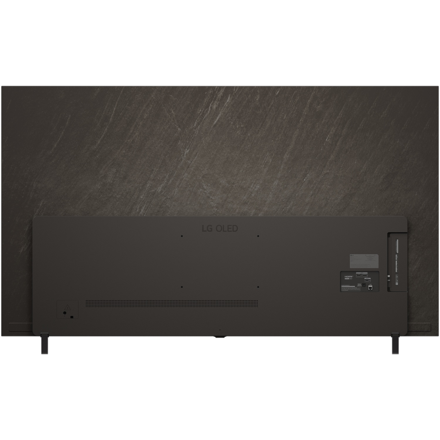 Arrière d'un téléviseur LG OLED noir montrant les ports et les pieds.