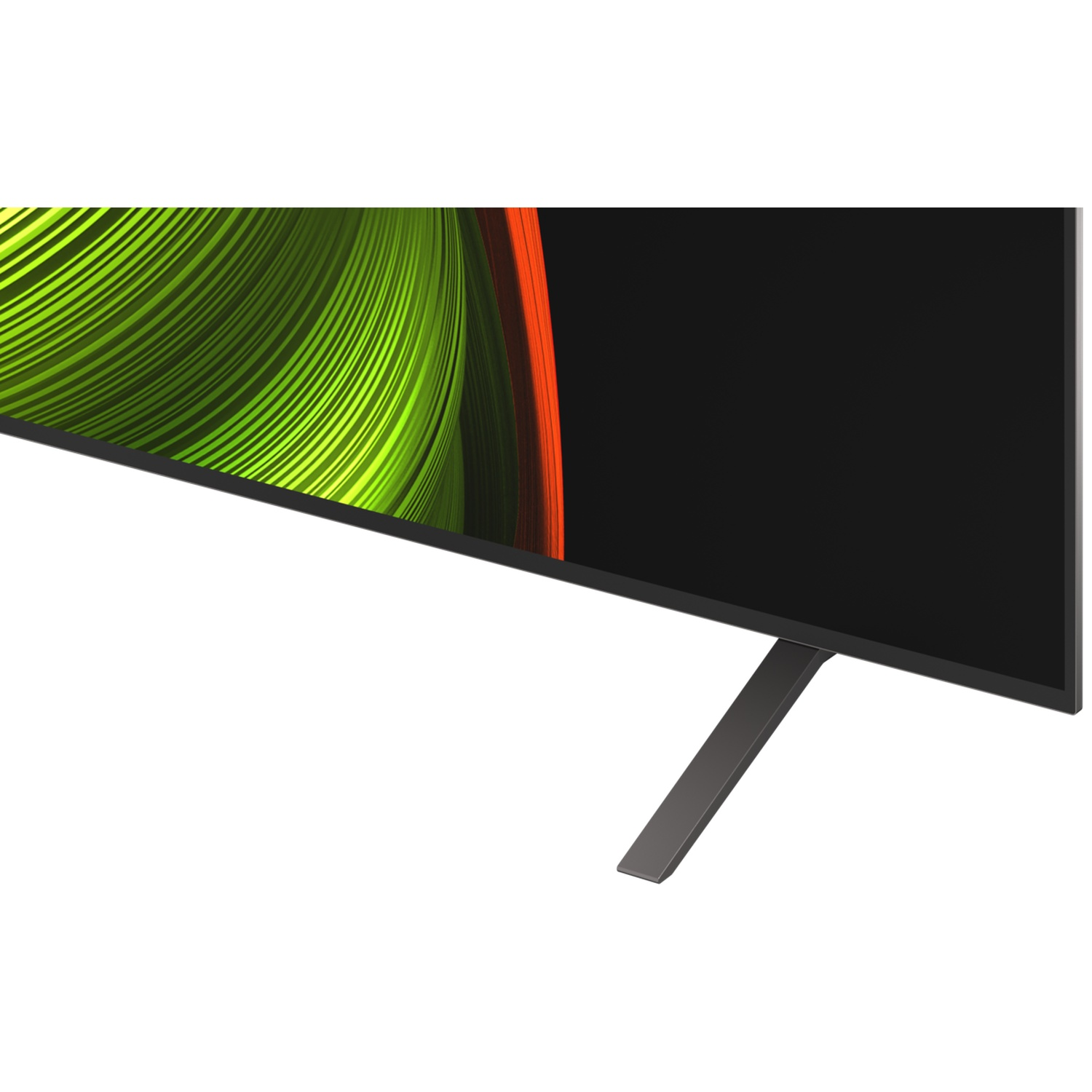Un téléviseur moderne sur un pied métallique épuré, avec une image abstraite colorée.