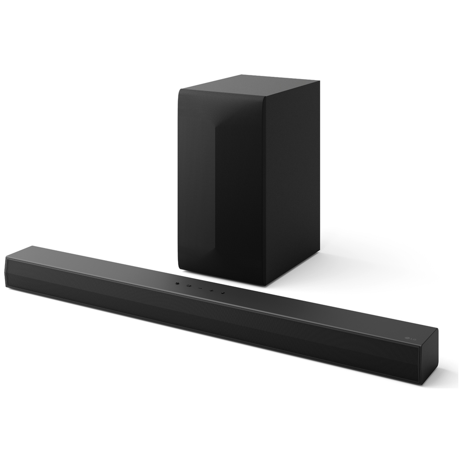 Zwarte soundbar en subwoofer op witte achtergrond.