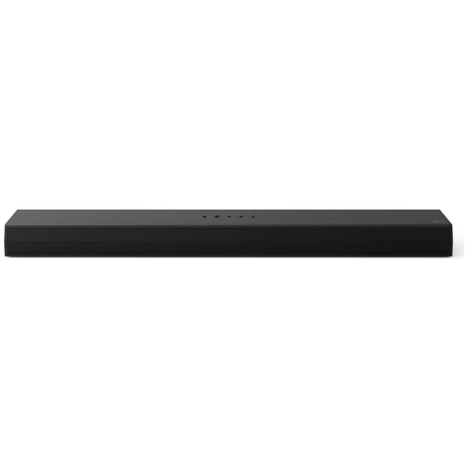 Zwarte, slanke soundbar met bedieningselementen bovenop en LG-logo.