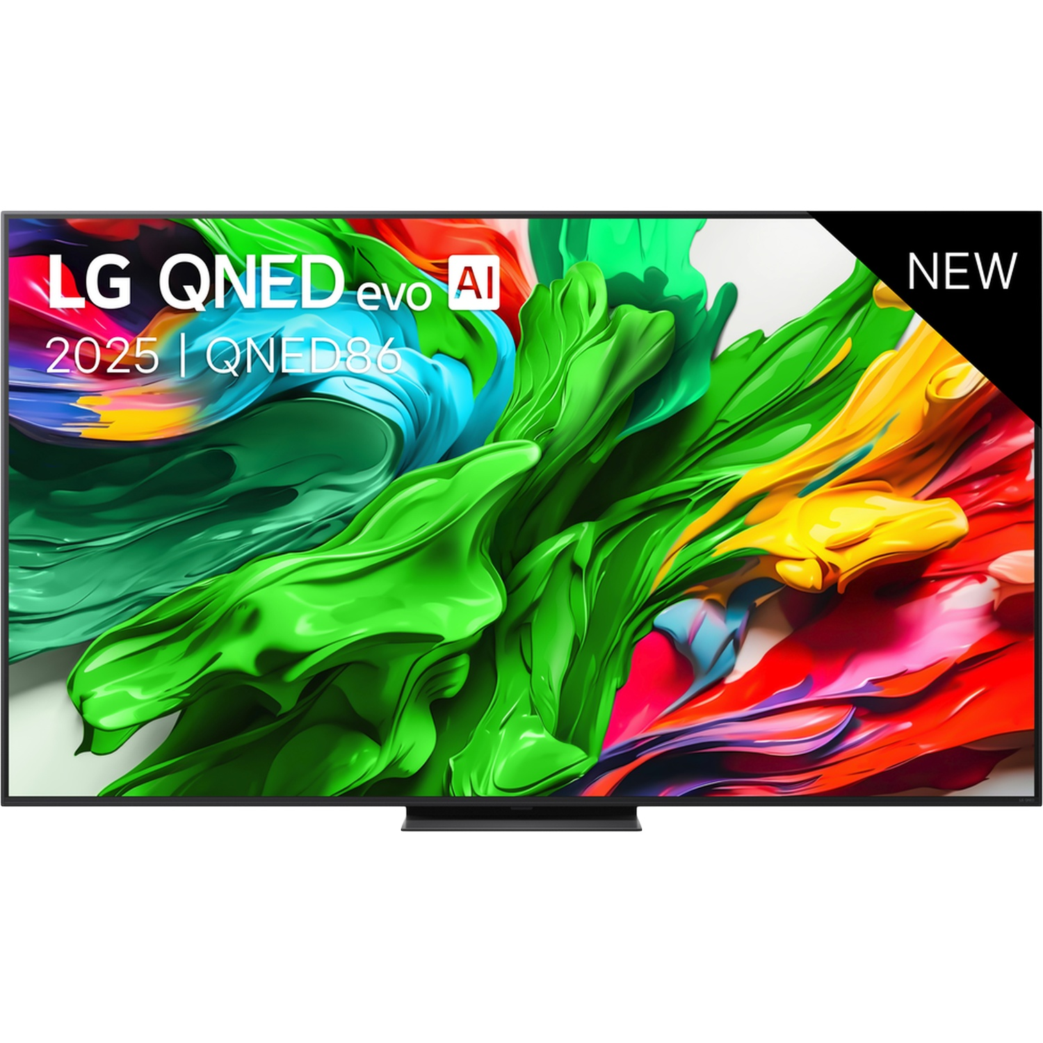 LG QNED evo AI TV met kleurrijke screensaver en "NIEUW"-tag.