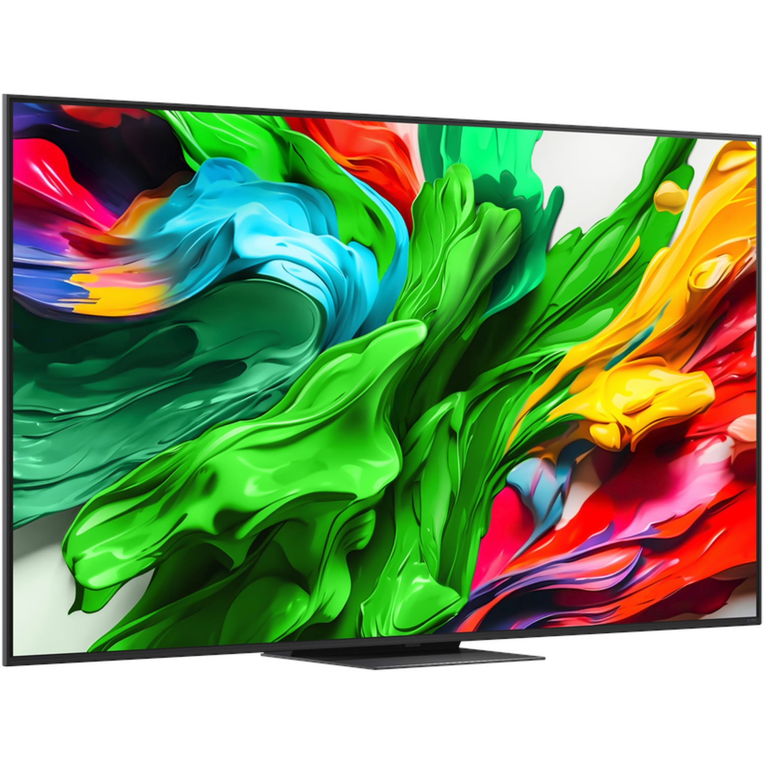 Een moderne tv toont een levendig, abstract beeld van vloeiende kleuren.