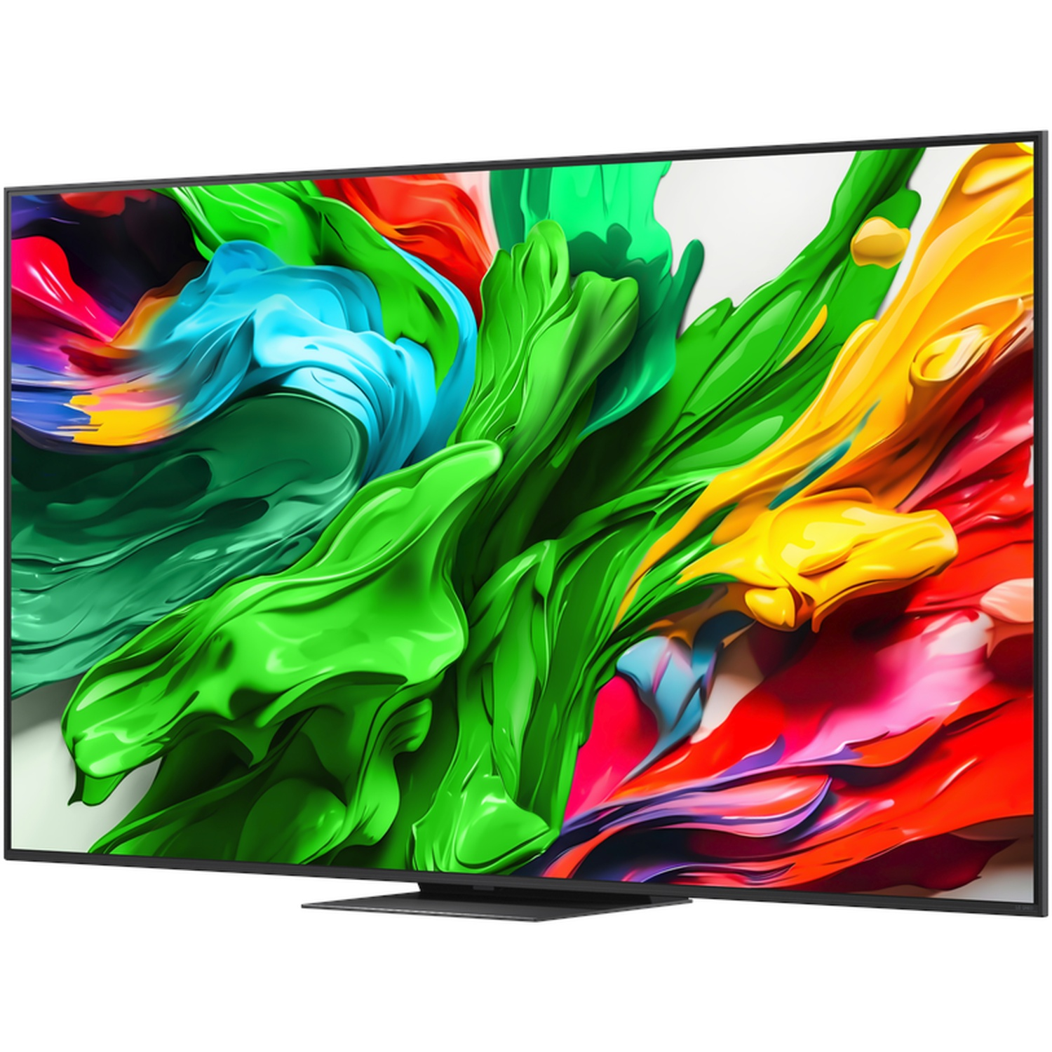 Een zwarte tv toont levendige, abstracte verfspetters in groen, blauw, geel en rood.