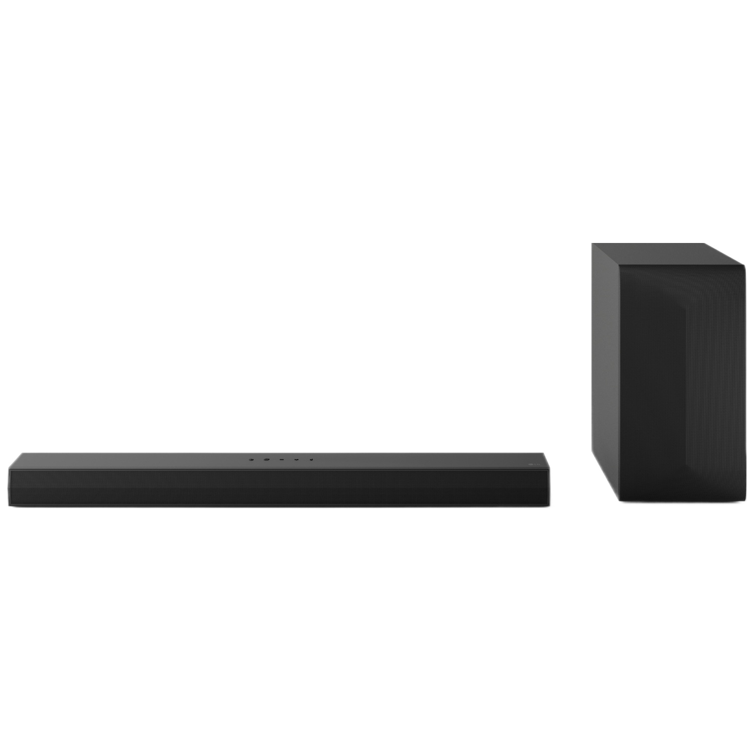 Zwarte soundbar en subwoofer op witte achtergrond.
