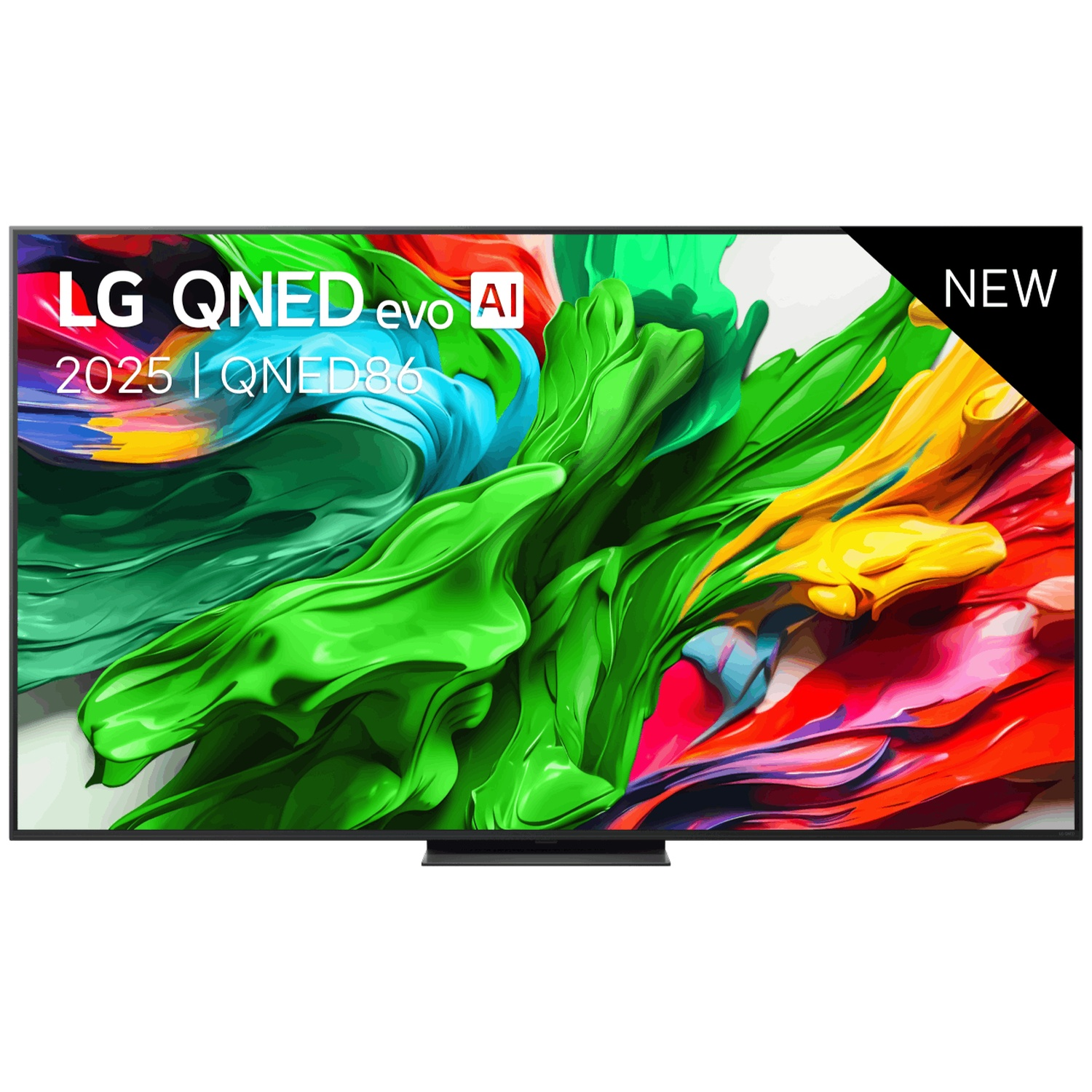LG QNED evo AI 2025 QNED86 TV met levendige kleuren en zwarte "NIEUW" sticker.