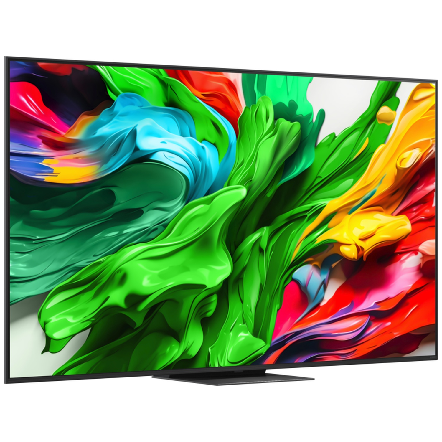 Moderne televisie met levendige abstracte kunst in groen-, blauw-, rood- en geeltinten.
