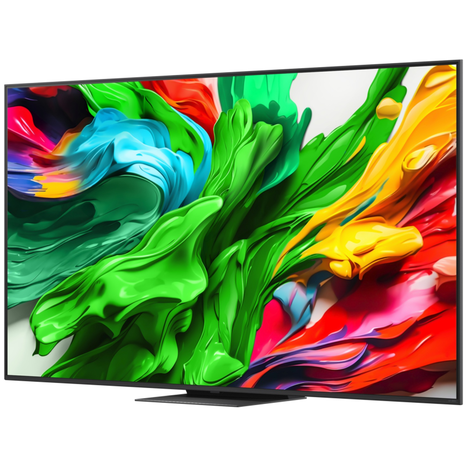 Een moderne televisie met een levendige, kleurrijke abstracte afbeelding op het scherm.