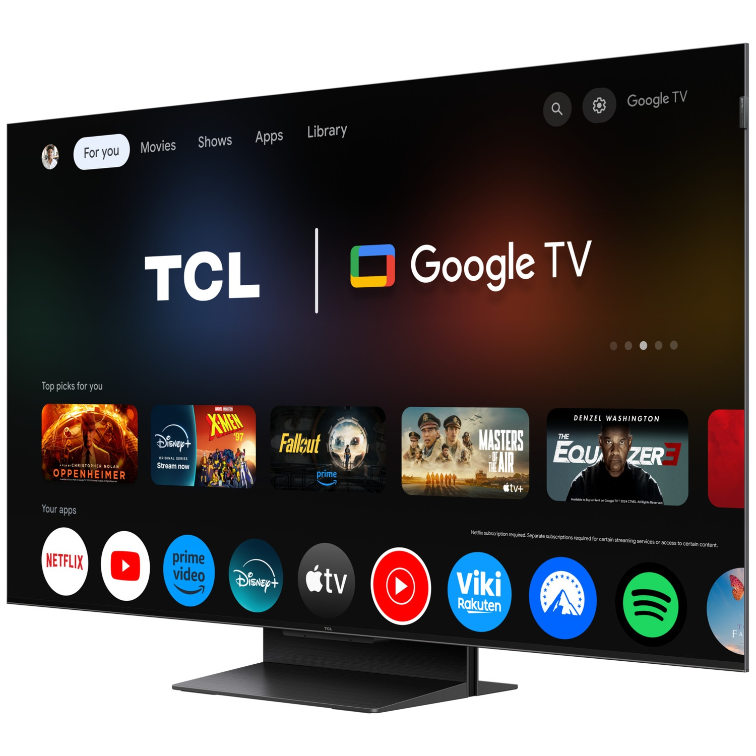 Een moderne TCL Google TV toont een gebruikersinterface met films en apps.