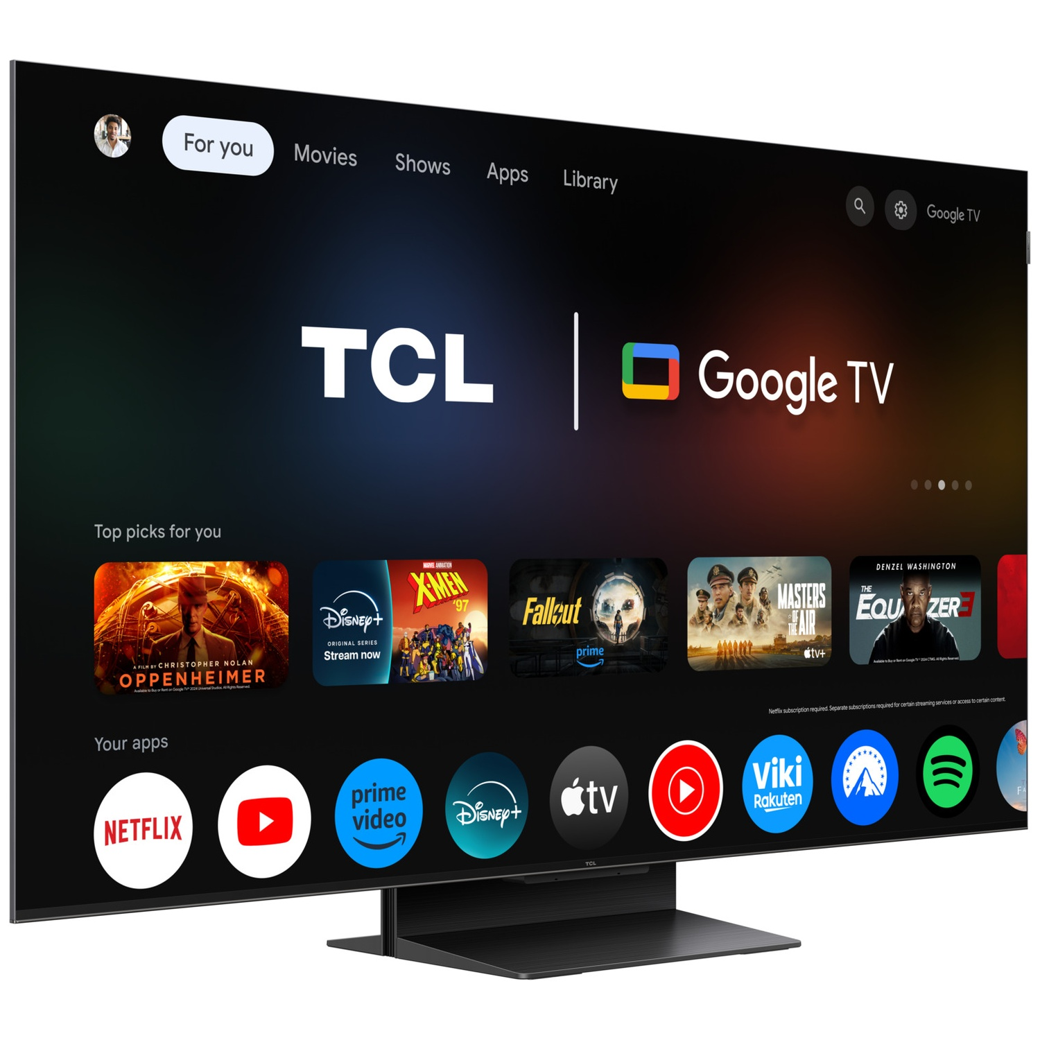 Een TCL Google TV toont een gebruikersinterface met apps en films.