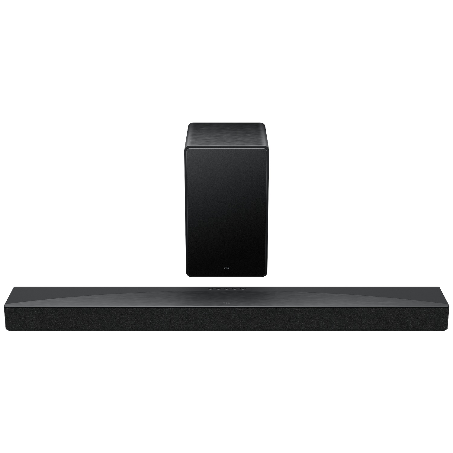 Barre de son et caisson de basses TCL noirs sur fond blanc.