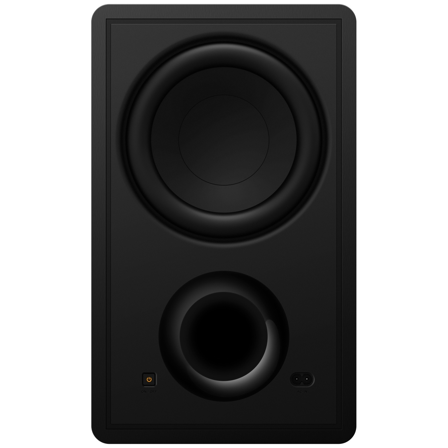 Subwoofer noir avec deux ouvertures rondes et un bouton d'alimentation.