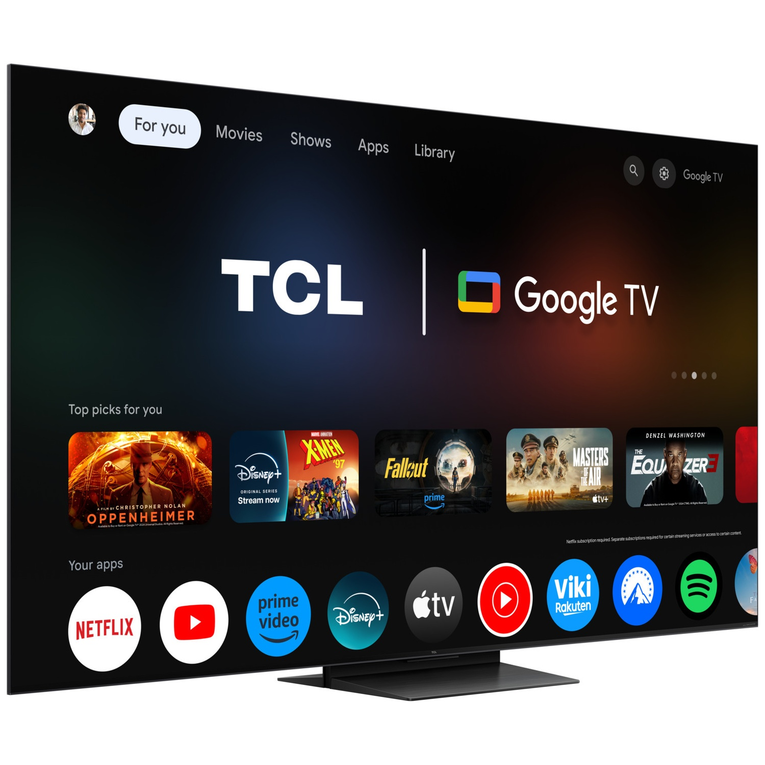 Une télévision moderne affichant l'écran d'accueil Google TV, avec des applications et des films.