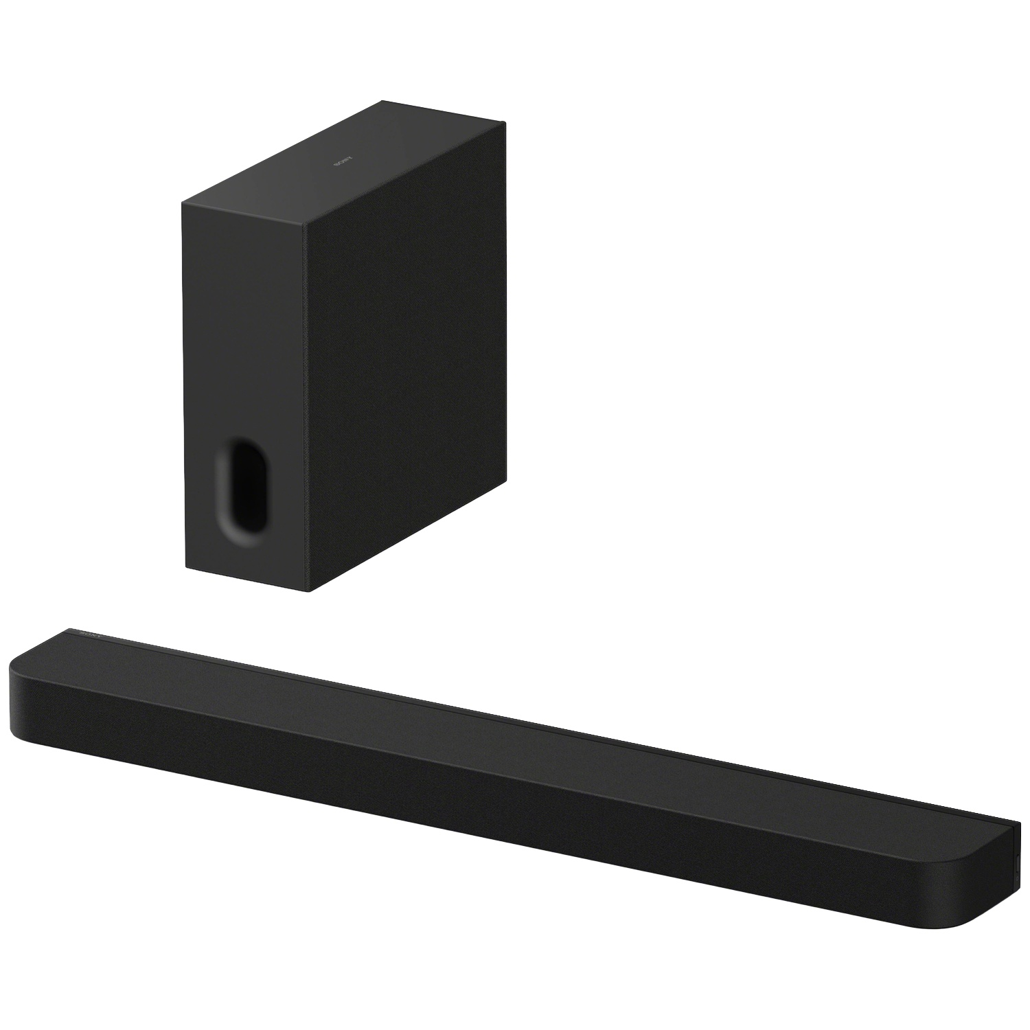 Caisson de basses et barre de son noirs côte à côte sur fond blanc.