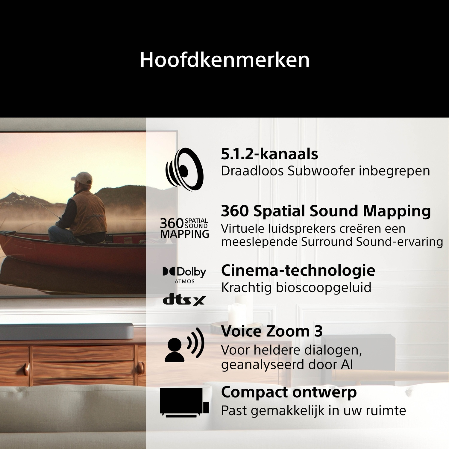 Image présente des caractéristiques techniques : 5.1.2 canaux, Cartographie Sonore 360, Technologie Cinéma, Voice Zoom 3, Design Compact.