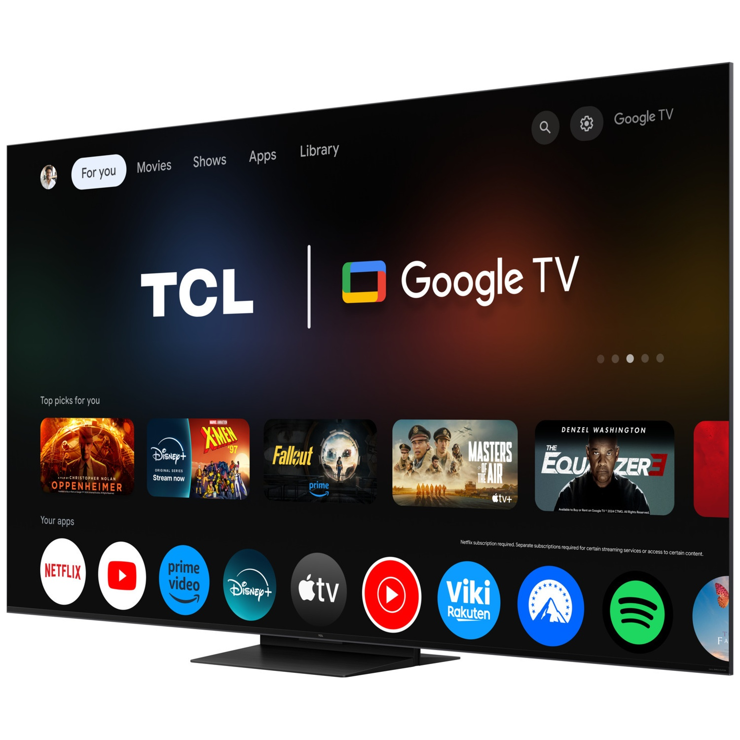 Interface TCL Google TV montrant des affiches de films et des icônes d'applications comme Netflix et YouTube.