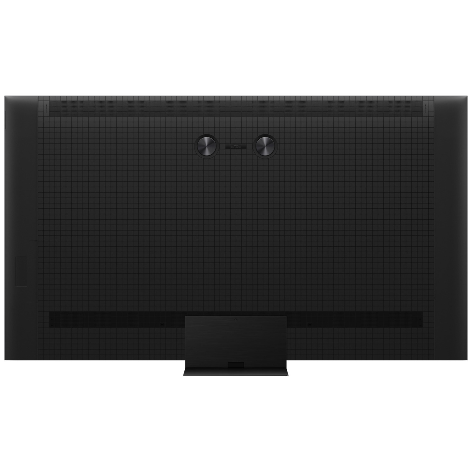 Arrière d'un téléviseur noir à motif de grille, avec un pied.