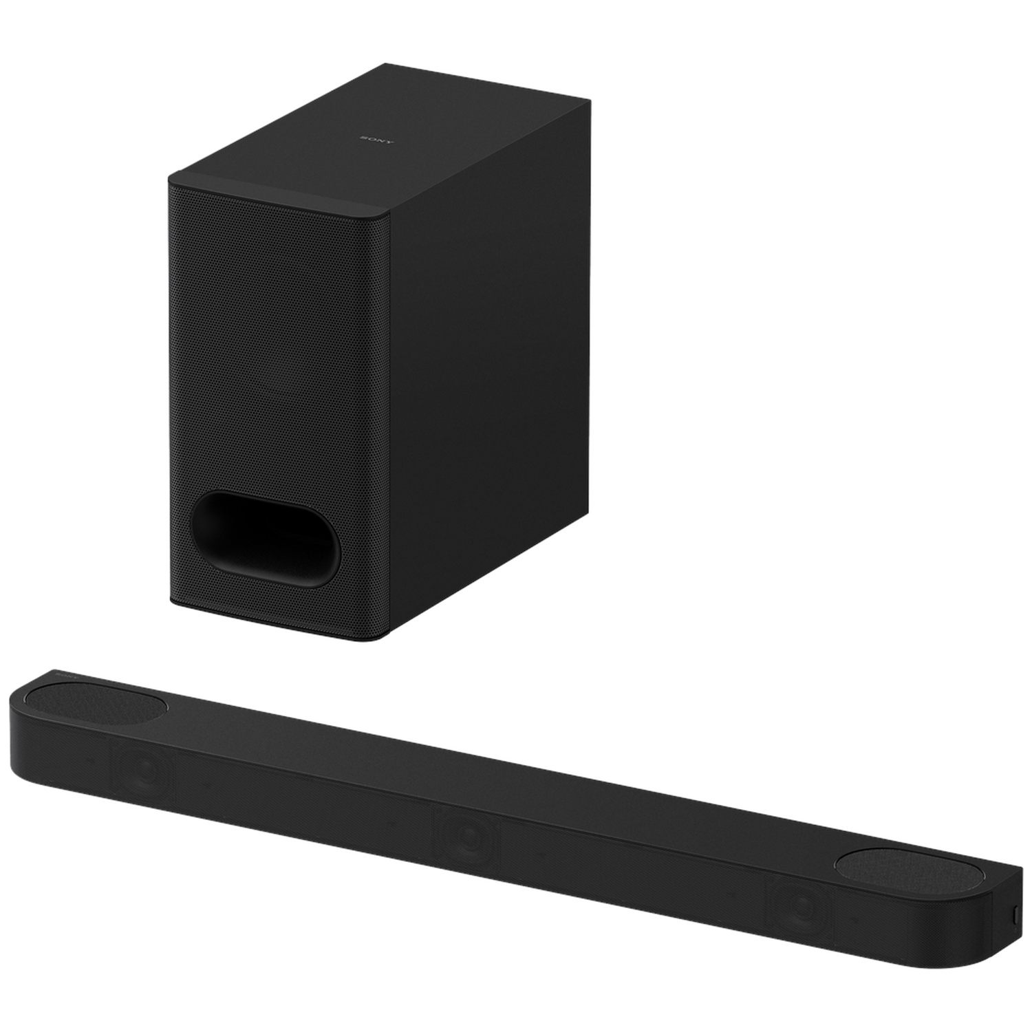 Un caisson de basses et une barre de son noirs sur fond blanc.