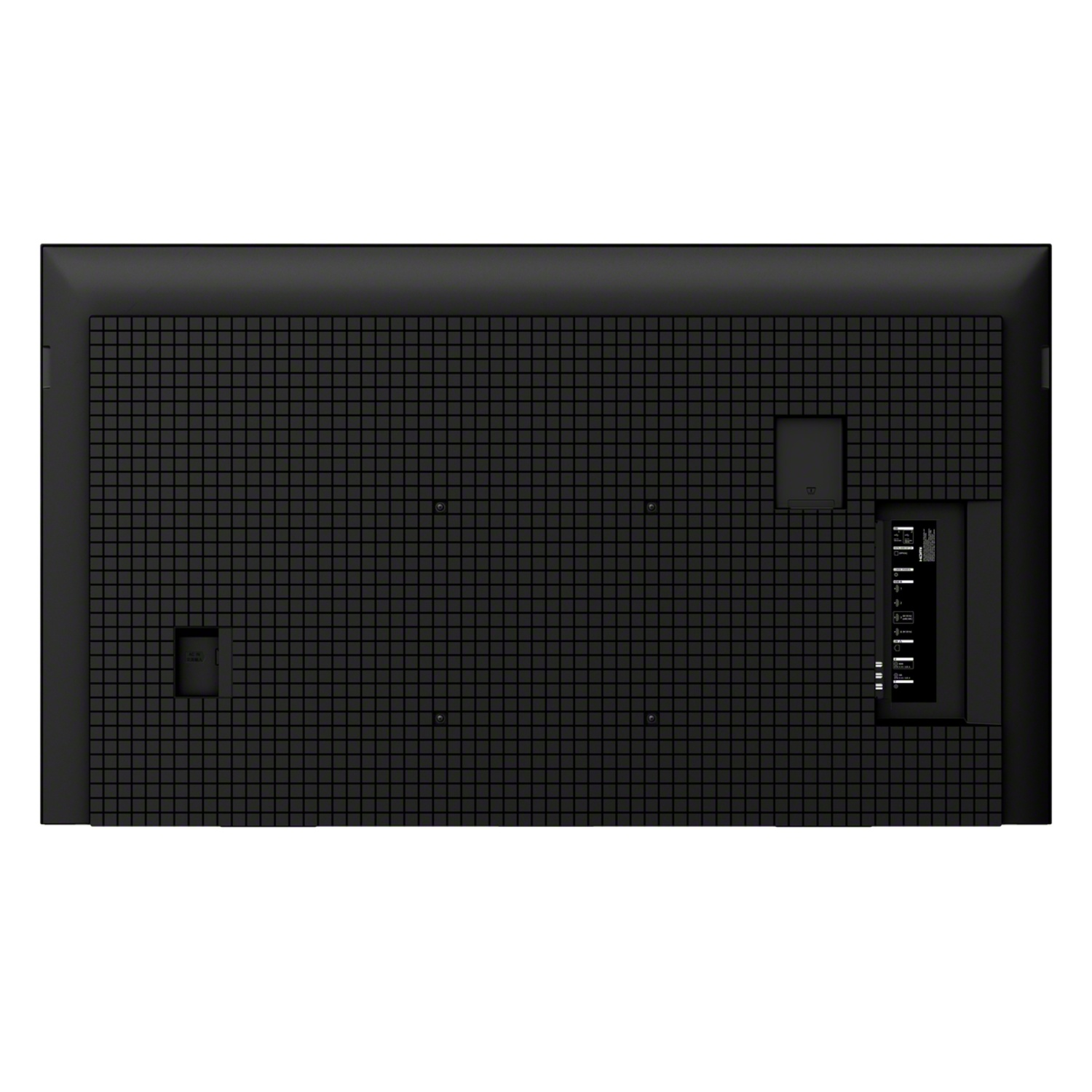 Arrière d'un téléviseur noir avec motif en grille et ports.
