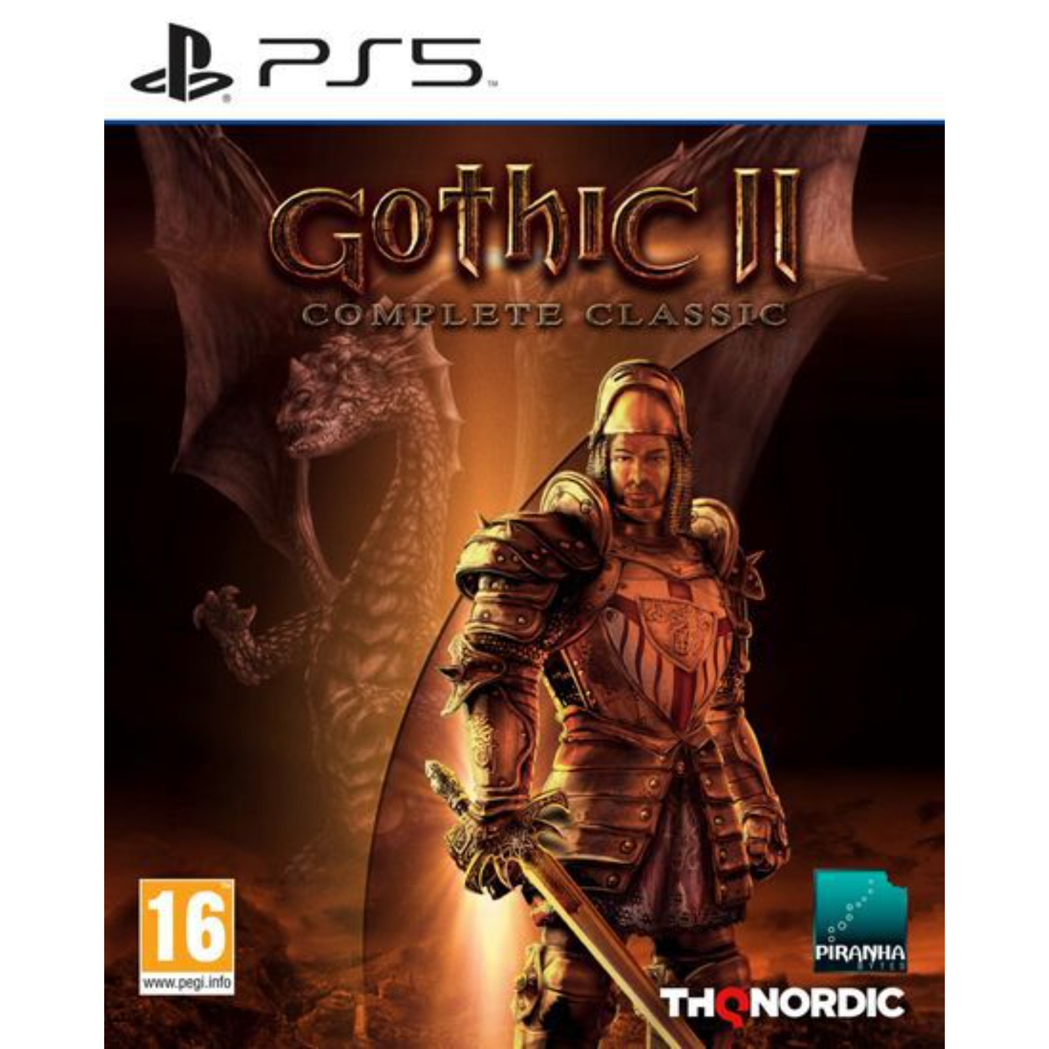 Gothic II Complete Classic PS5 gamehoes met ridder en draak. PEGI 16.