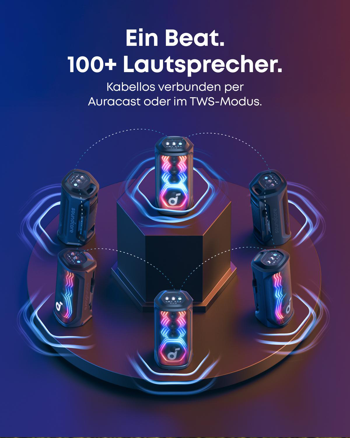 Mehrere beleuchtete Lautsprecher sind auf einer Plattform angeordnet.