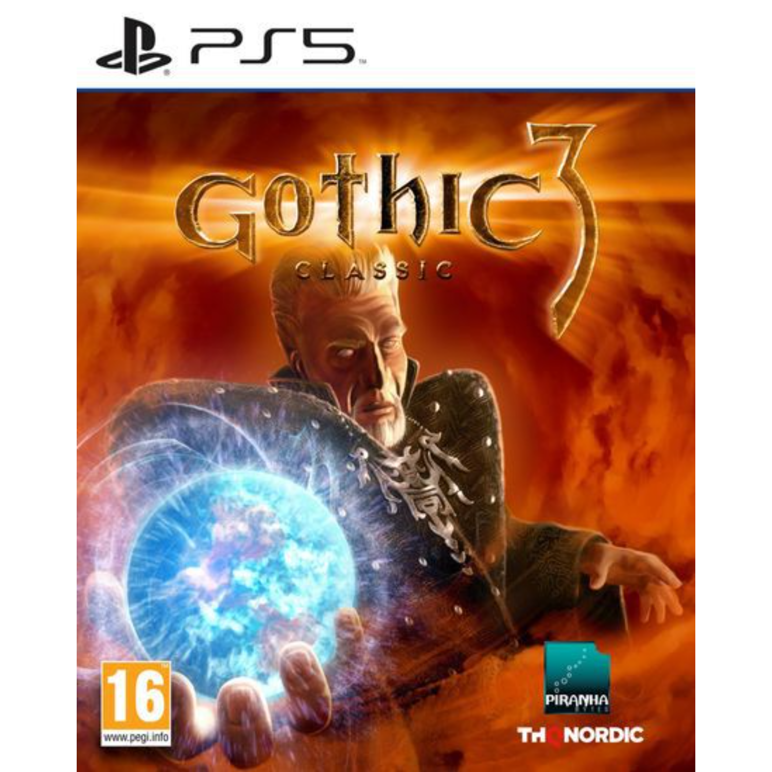 Gothic 3 Classic PS5 game cover. Oude man met gloeiende blauwe bol. Leeftijdsclassificatie 16.