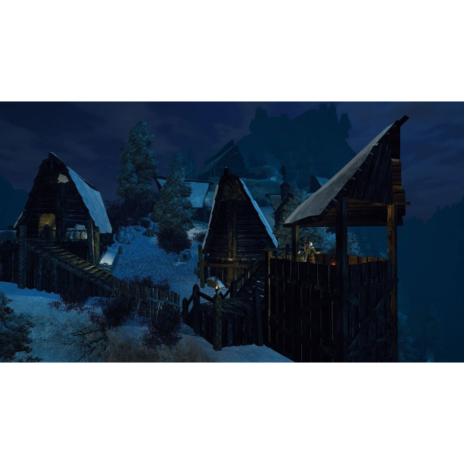 Een besneeuwde dorpsscène 's nachts met houten huizen en een wachttoren.